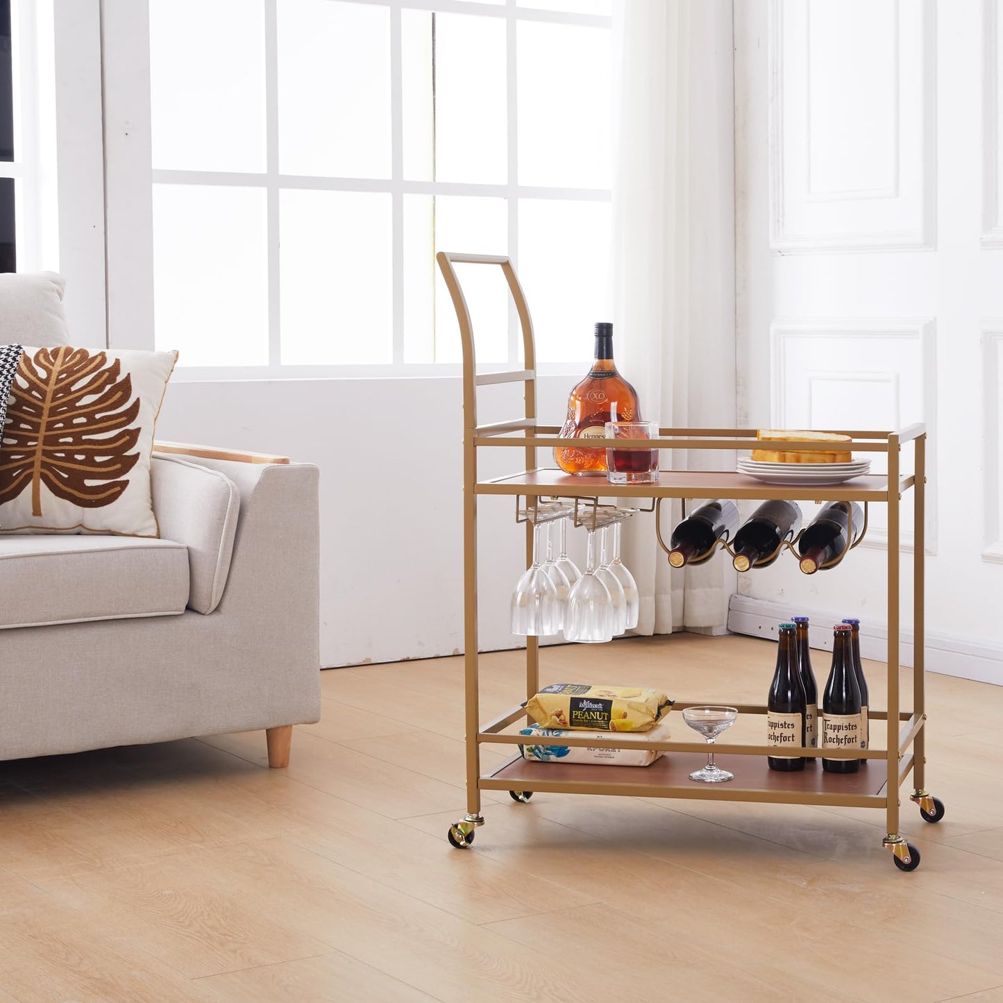 JBBCN Gold Bar Cart with Wheels, Home Bar Serving Cart with 2-Tier Wooden Shelves, Wine Racks, Glass Holders for Kitchen, Dining Room, and Party, Rolling Beverage Car