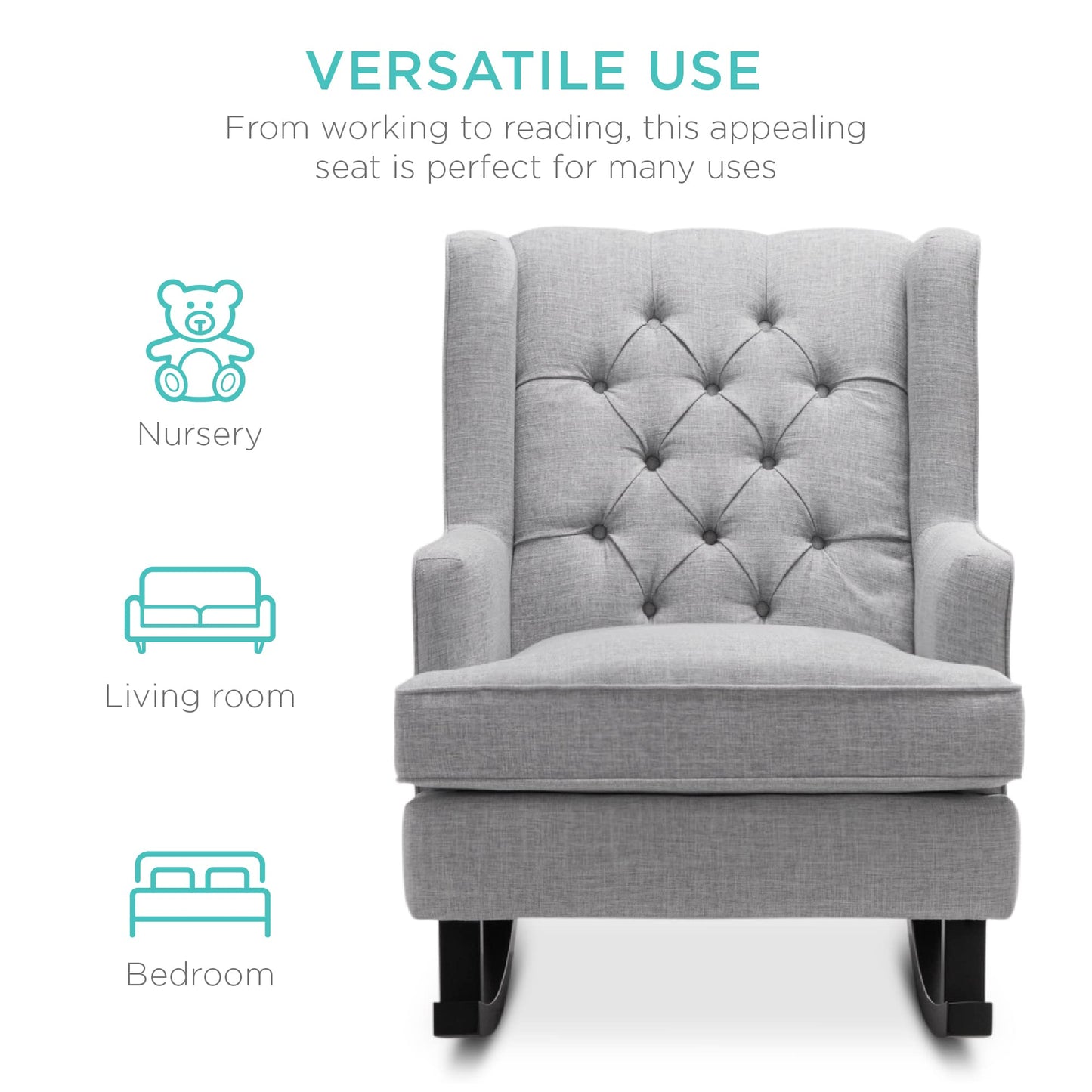 Best Choice Products Rocking Accent Chair, Tufted Upholstered Luxury Velvet Wingback for Nursery, Living Room, Bedroom w/Wood Frame - Gray