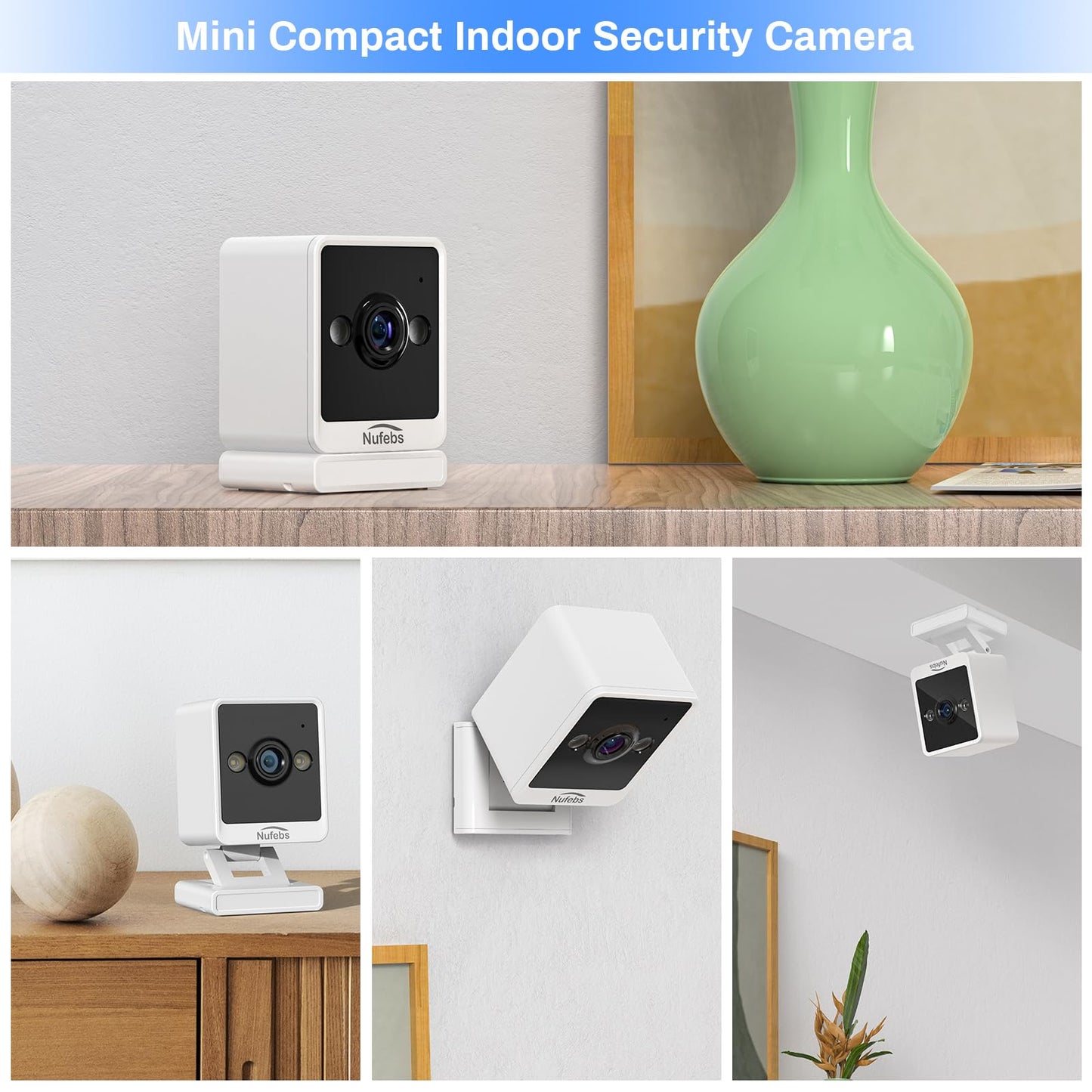 NUFEBS Mini 1080P Security Camera Indoor Compact Plug-in Wired Monitor with 2.4G WiFi Night Vision 2 Way Talk Motion Tracking SD&Cloud Pet Camera for Home Security (White)