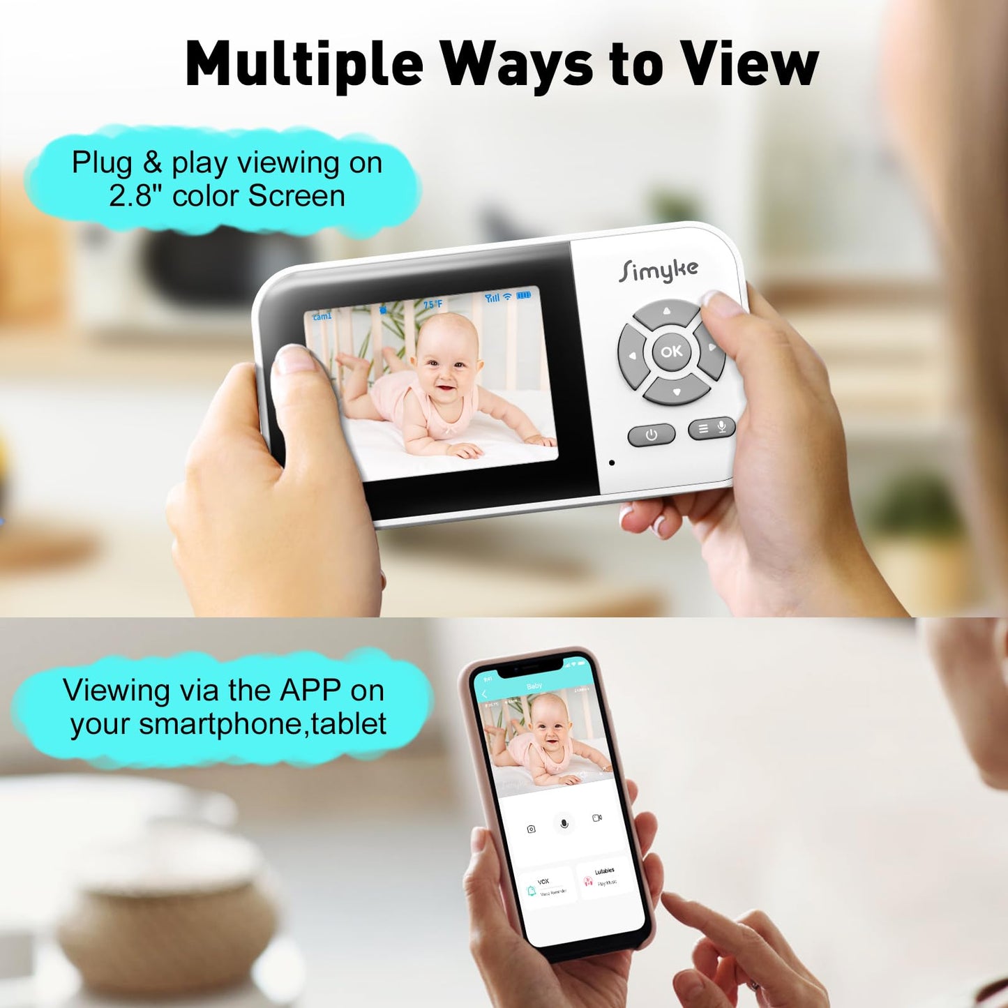 Simyke Upgrate Video Baby Monitor,WiFi Baby Camera,2.8" Display and App Control,1200ft Long Range,2 Way Talk,Auto Night Vision,Sound Alert,VOX,Temperature Sensor 5 Lullabies Feeding Remind,Home Use