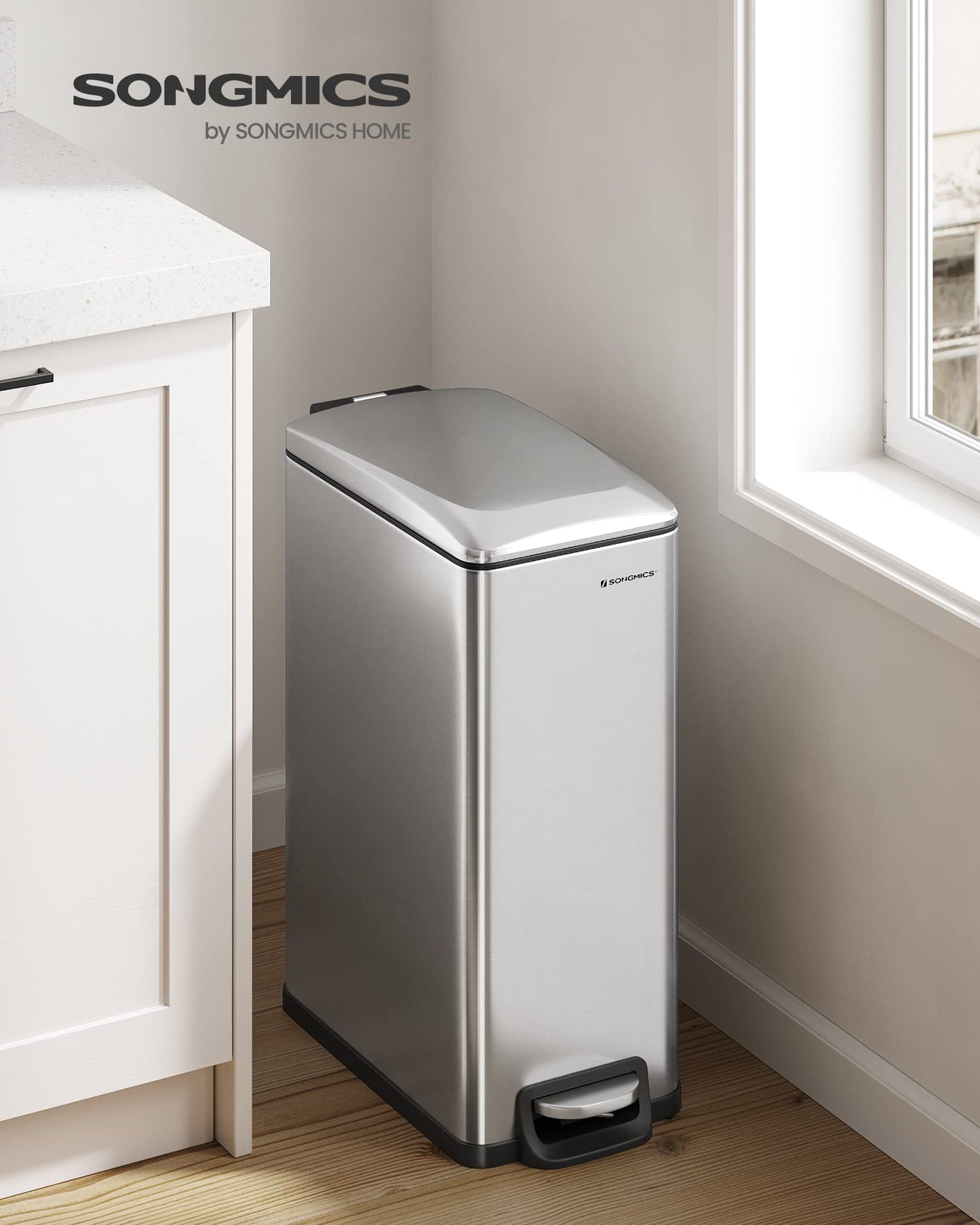 SONGMICS Slim Trash Can, 12.7 Gallon Garbage Can for Narrow Spaces with Soft-Close Lid, Inner Bucket, and Step-on Pedal, Stainless Steel, 15 Trash Bags Included, Silver ULTB510E48