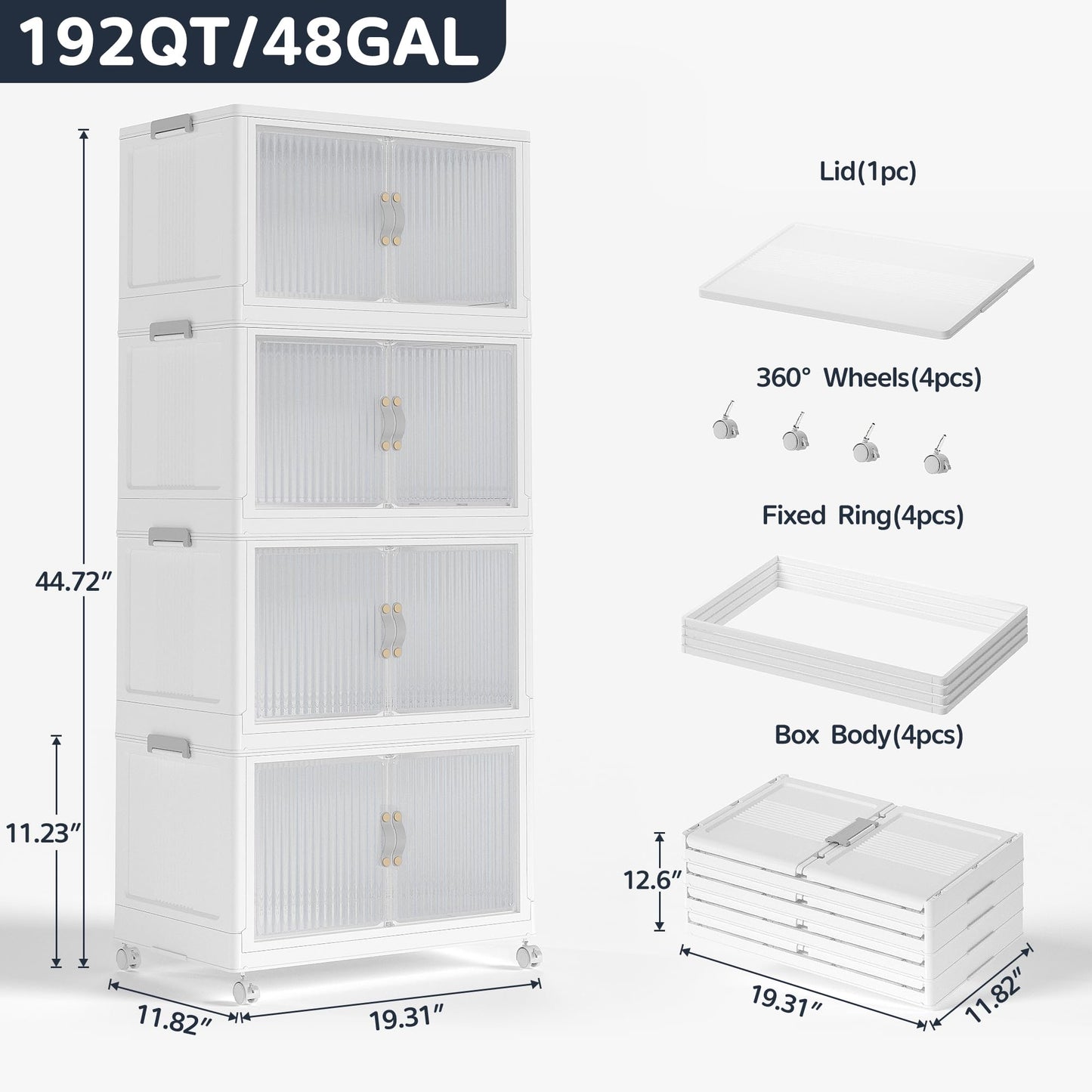 JONZEN 192Qt Plastic Storage Bins with Lid, 48GAL Closet Organizer and Stackable Storage Drawer, Collapsible Clear Box with Wheels, Clothes Cabinet Containers for Home Garage, 4Pack White