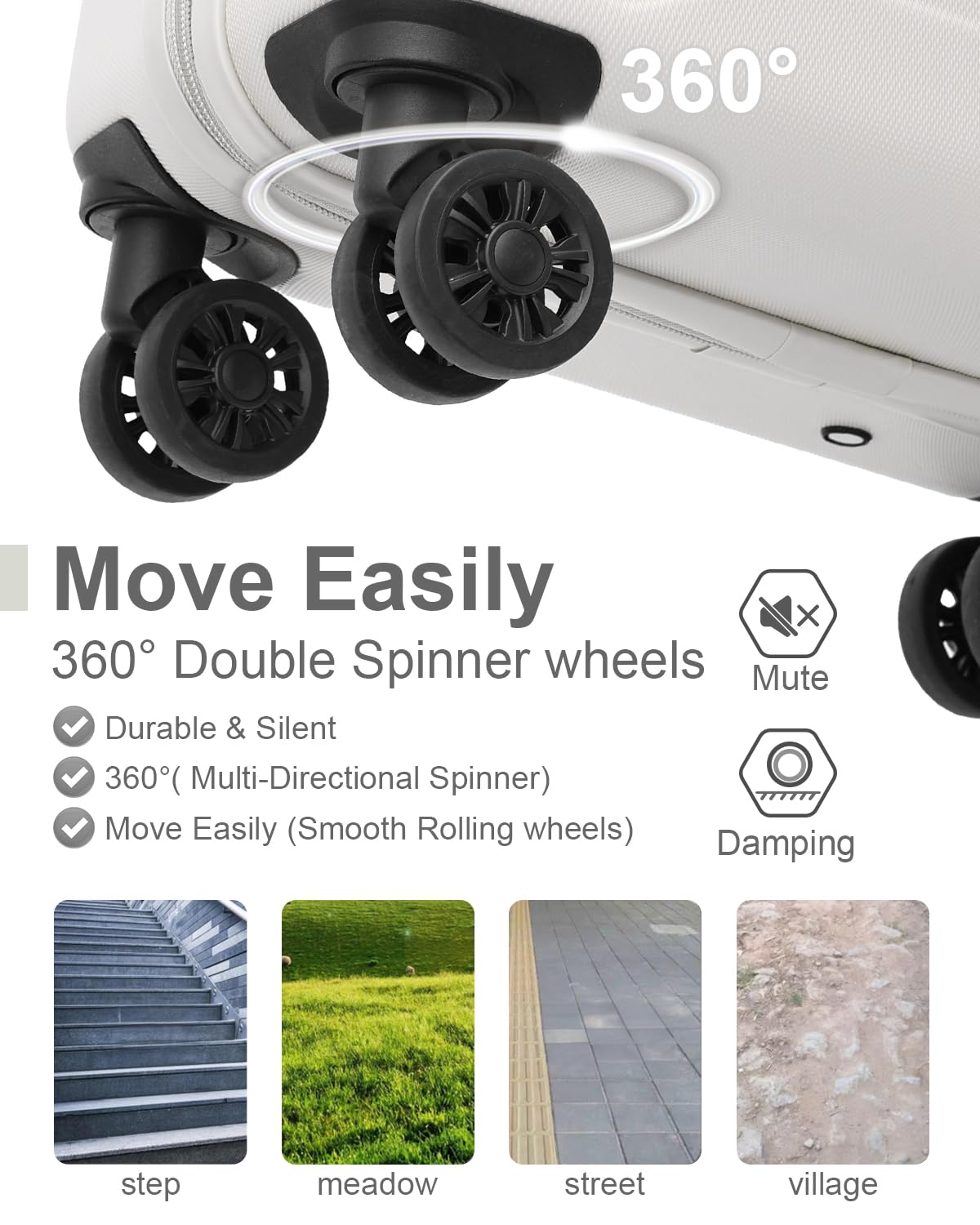 Widfre Luggage 3 Pieces Set Suitcase ABS with Spinner Wheels TSA Approved Hardshell Travel Lightweight(White)