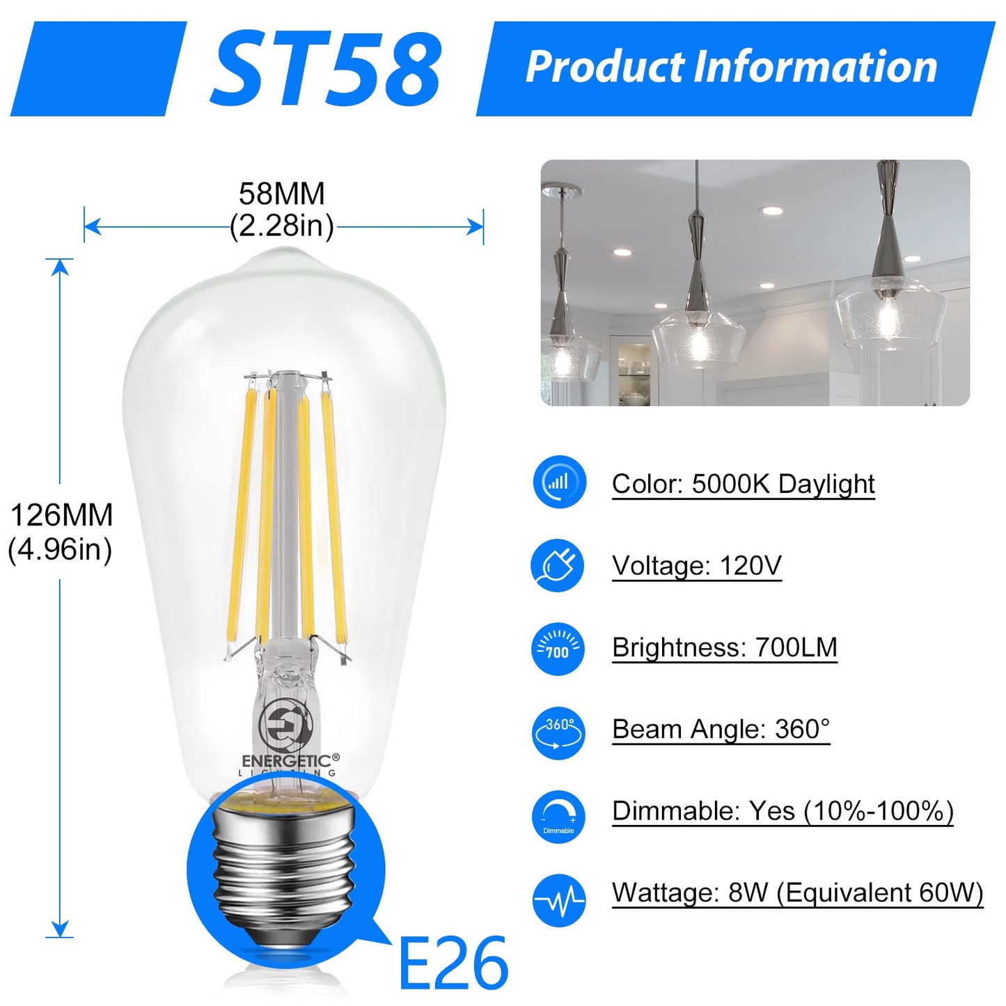 Energetic Dimmable LED Filament Light Bulbs, High Brightness, 8W, 60 Watt Equivalent, ST58 ST18, Daylight 5000K, Classic Clear Glass, 6 Pack
