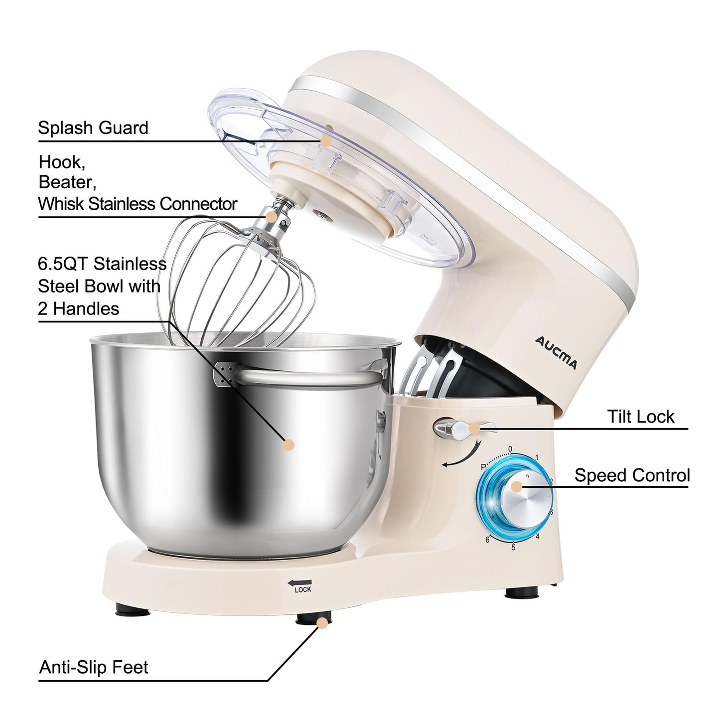 Aucma 6.5QT 660W Tilt-Head Stand Mixer