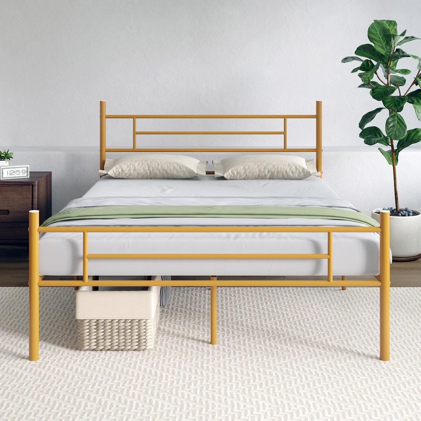 Novilla Queen Bed Frame with Headboard and Footboard, 14 Inch Metal Platform Bed Frame with Under Bed Storage, No Box Spring Needed, Strong Metal Slats Support, Gold