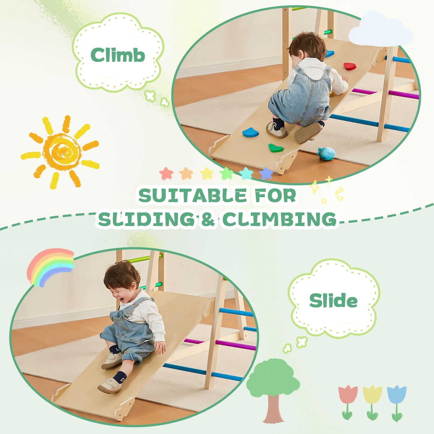 Indoor Jungle Gym - Indoor Playground, 8-in-1 Climbing Toys for Toddlers 1-3 Inside, Montessori Play Gym Playground Sets with Basketball, Slide, Climbing Wall/Net, Monkey Bars and Swing
