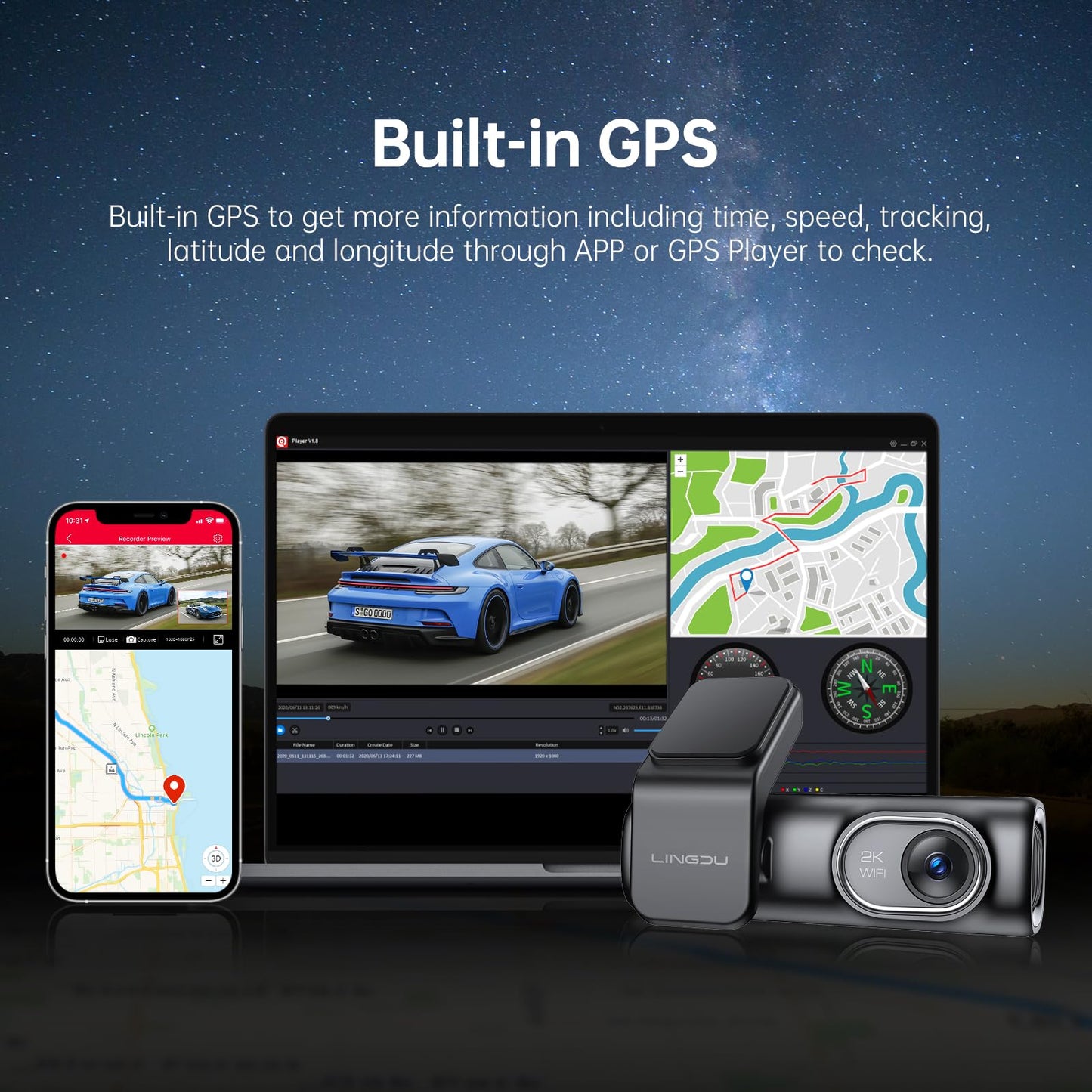 2K Dash Cam with GPS, Wi-Fi & Night Vision