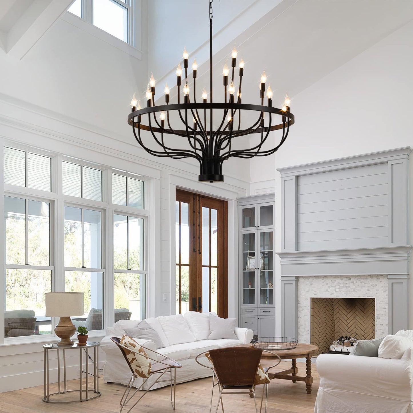 Peonacy Black Farmhouse Chandelier 24 Light, Large Modern Candle Industrial Round Iron Chandeliers Wagon Wheel Chandelier 39 inch for Dining Room Living Room High Ceilings Foyer Entryway