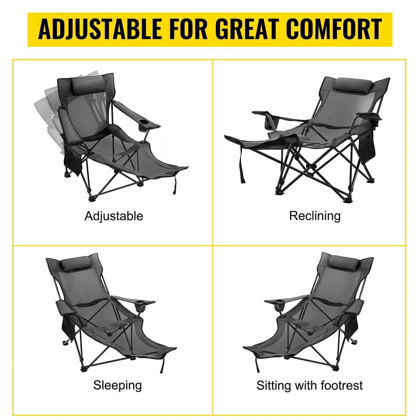 Happybuy Folding Camp Chair with Footrest Mesh, Portable Lounge Chair with Cup Holder and Storage Bag, for Camping Fishing and Other Outdoor Activities (Grey)