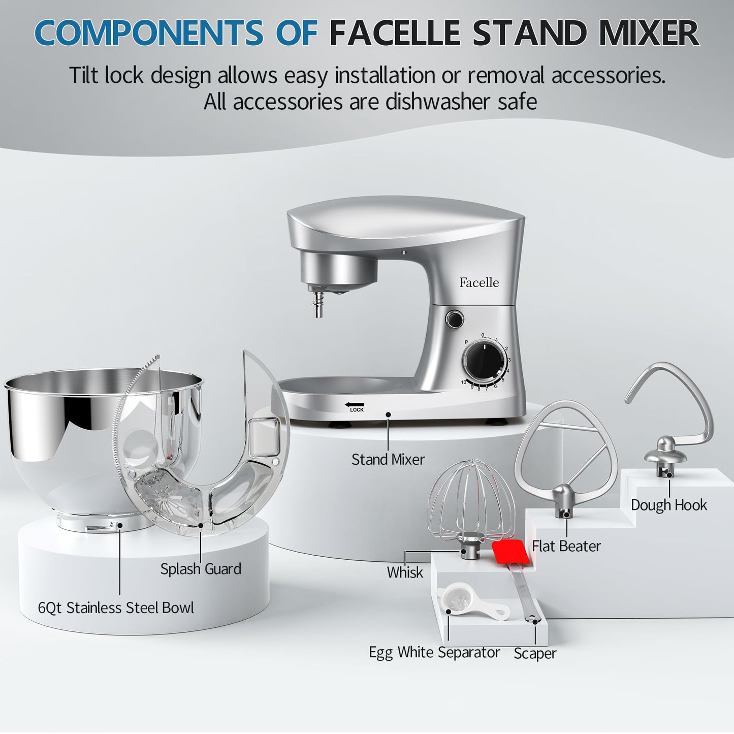 10-Speed 6QT Facelle Stand Mixer with Attachments