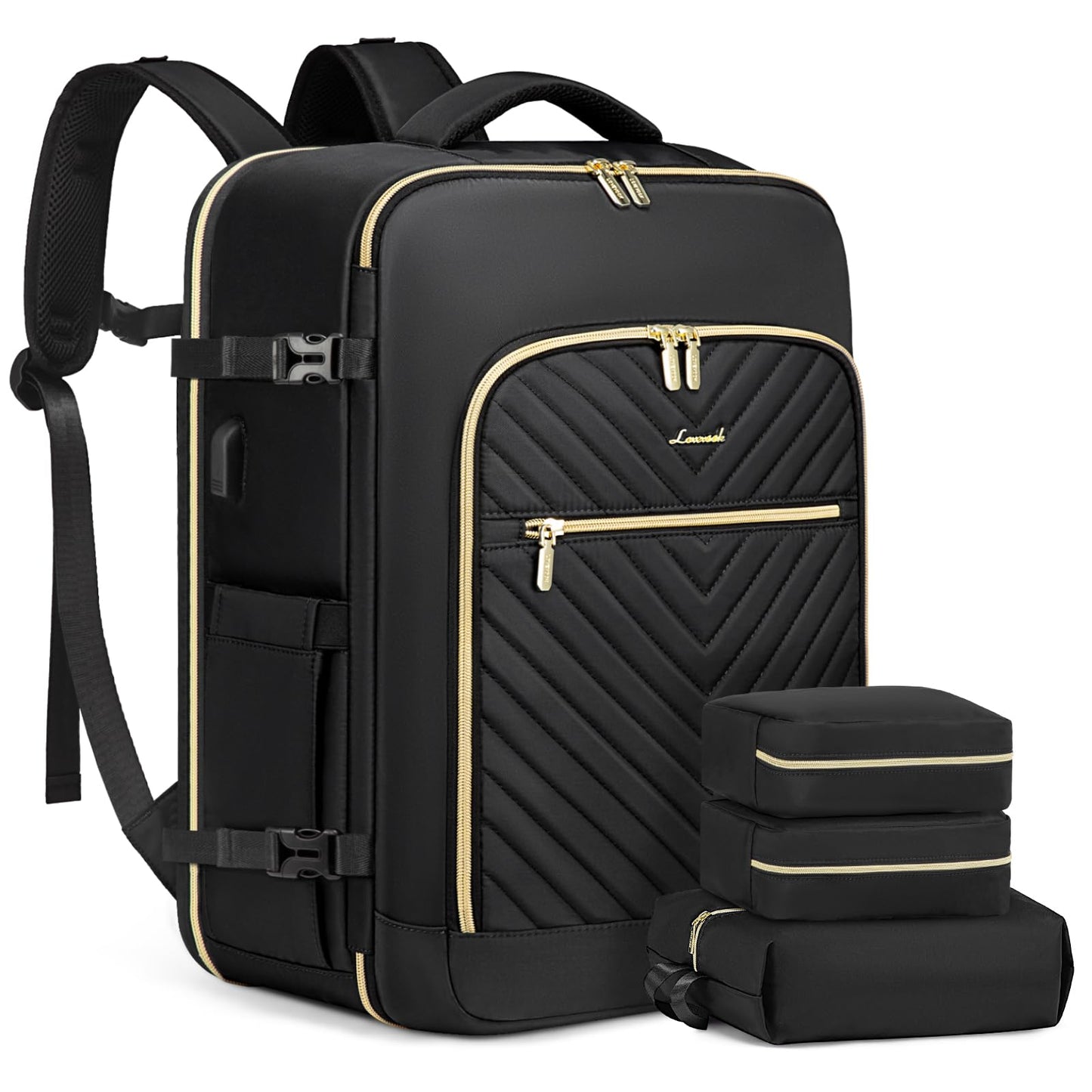 LOVEVOOK Carry On Travel Backpack for Airplanes, Personal Item Backpack with 3 Packing Cubes, Waterproof TSA Fit 15.6 Inch Laptop Luggage with USB Charging Port