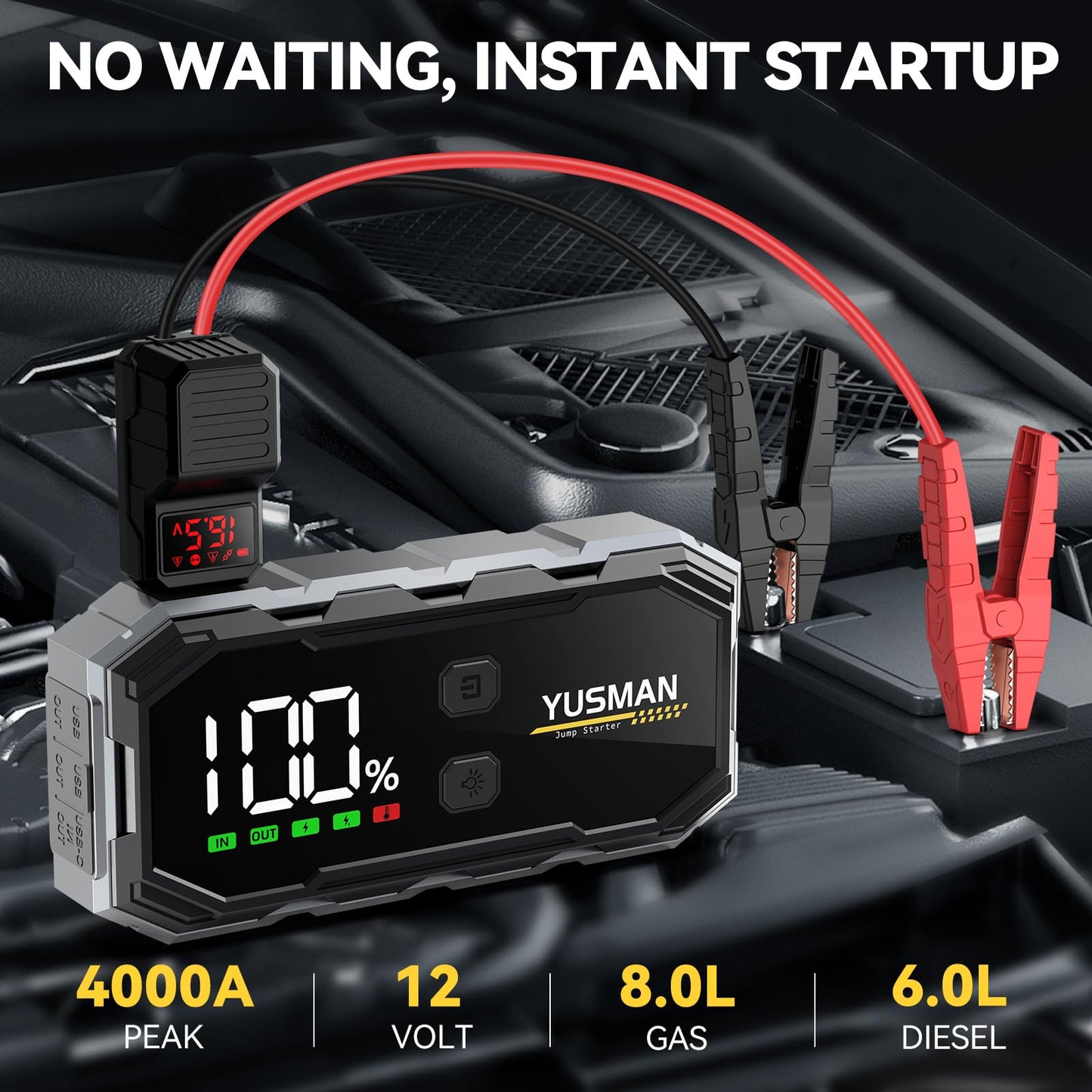 YUSMAN 4000A Car Jump Starter with Smart Cables