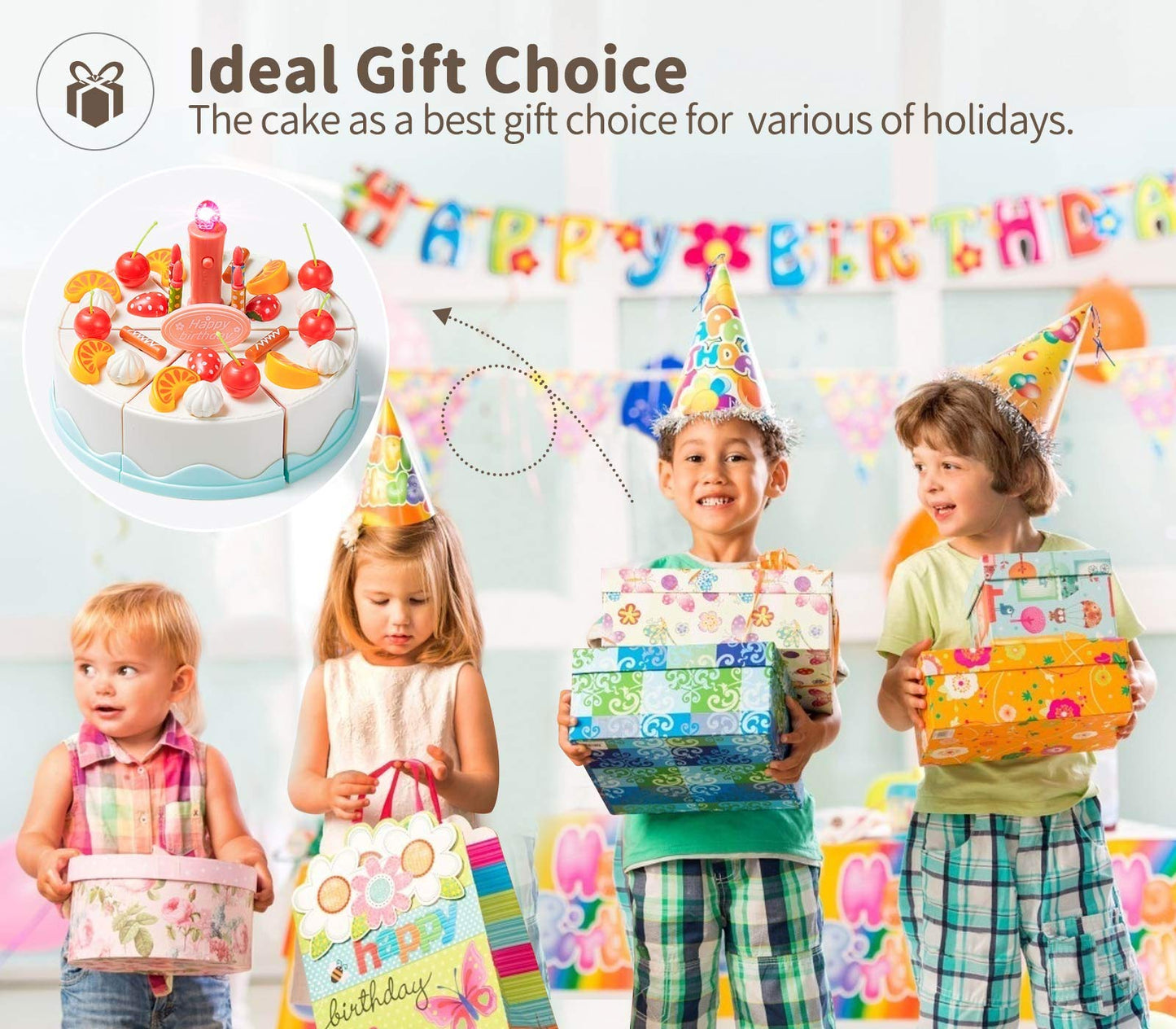 Birthday Cake Toys Set, Geyiie Cake Play Tea Party Dessert Set with Light, 88 PCS Pretend Play Cutting Food with Chocolate,Fruit Decor,Candles and More,Gift Choice for Toddlers Boys Girls