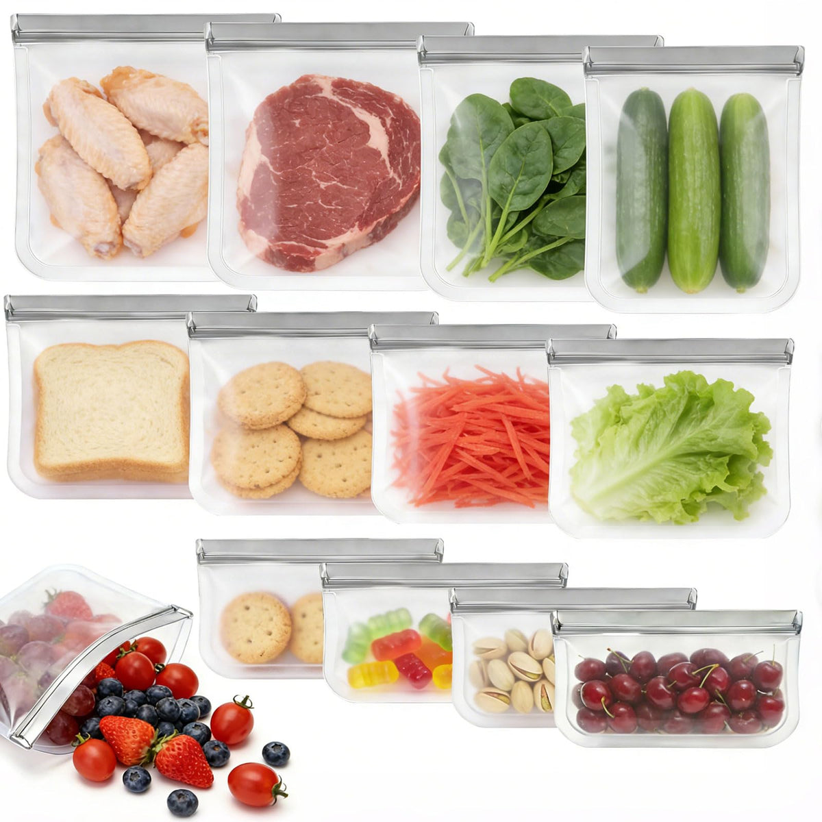 12 Pack Reusable Silicone Food Storage Bags Set