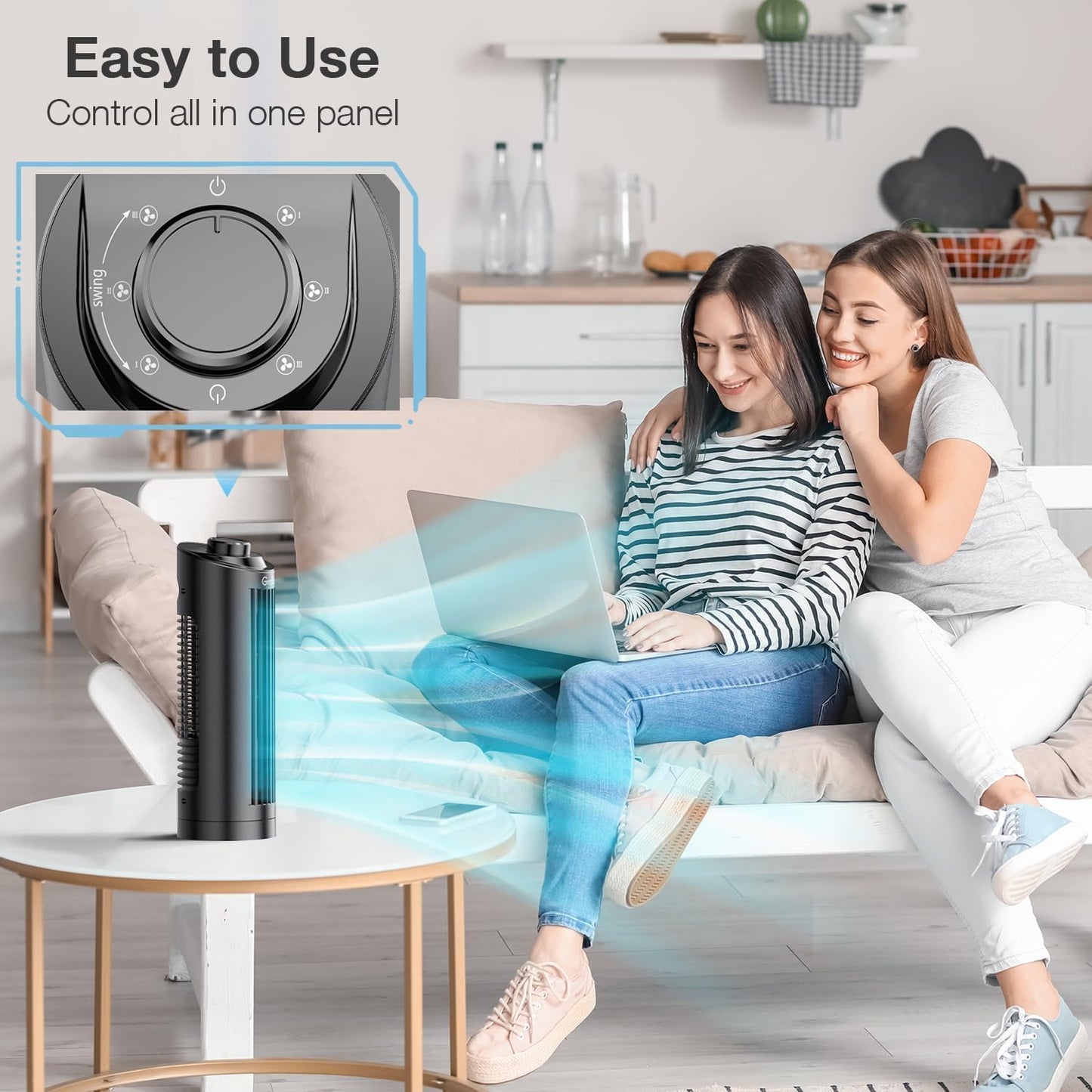 Grelife 13'' Bladeless Tower Fan with Control Panel