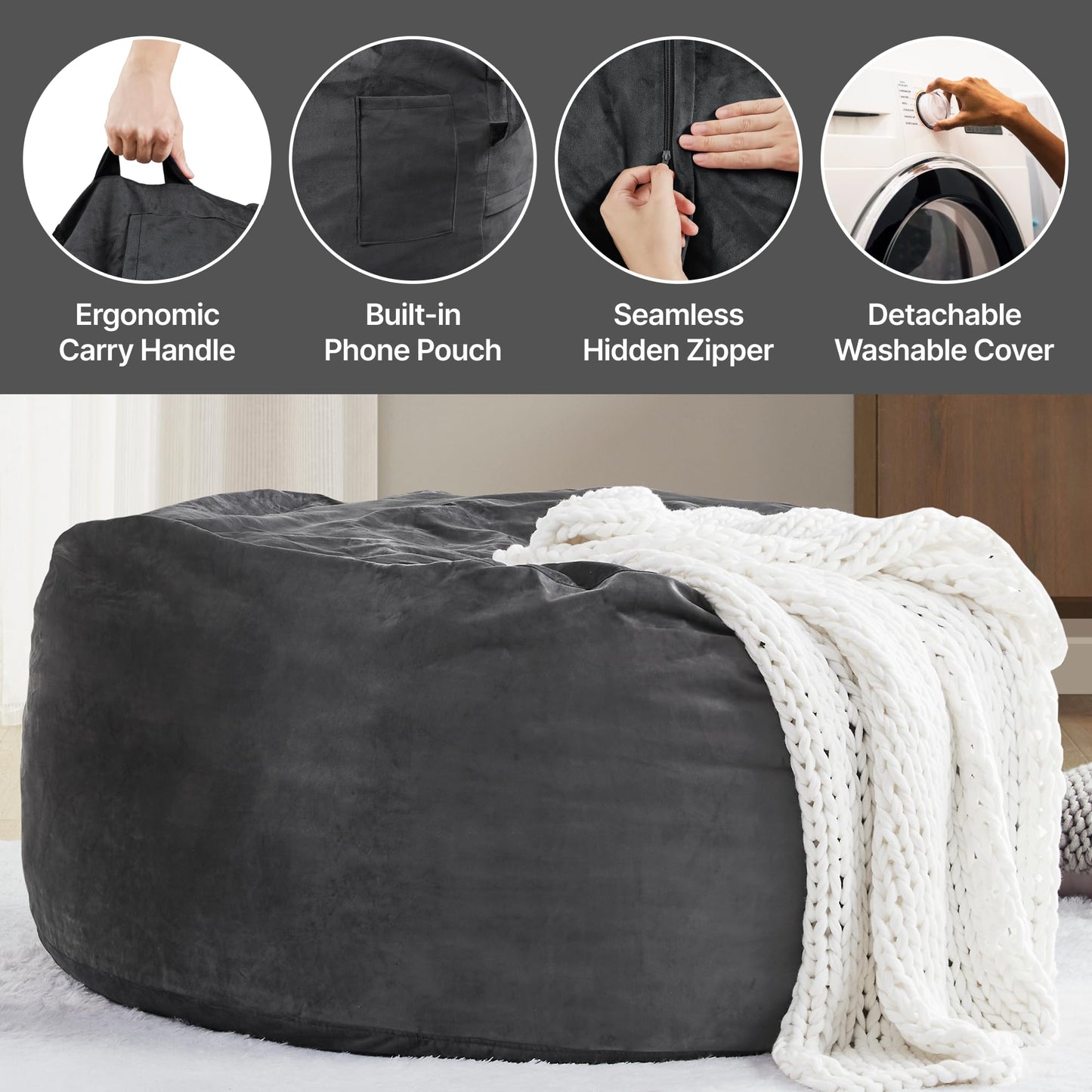 Codi Bean Bag Chair for Kids and Adults with Filler Included, 3 FT - Comfy Beanbag Chairs for Teen, Memory Foam Added - Machine Washable and Soft Mink Bonded Cover - Charcoal Grey, 3ft