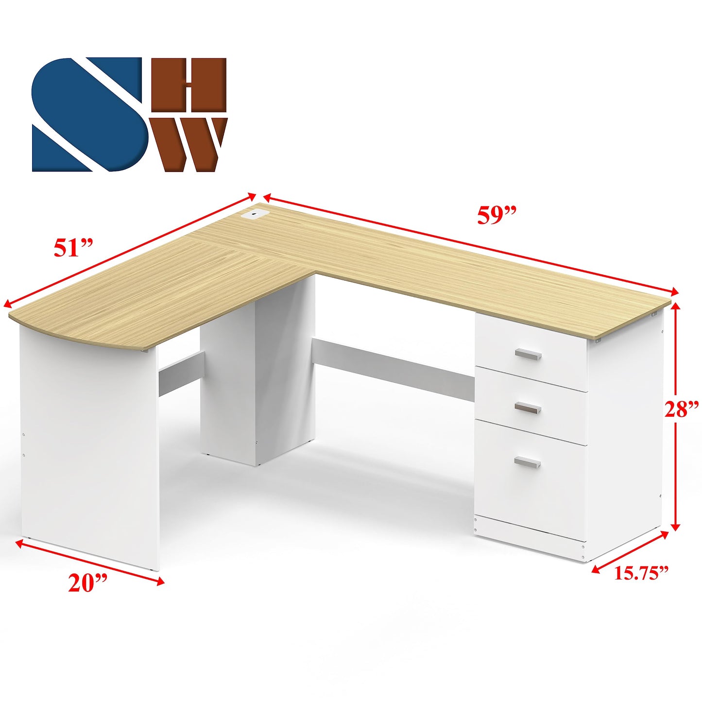 SHW L-Shaped Wood Corner Desk with Drawers