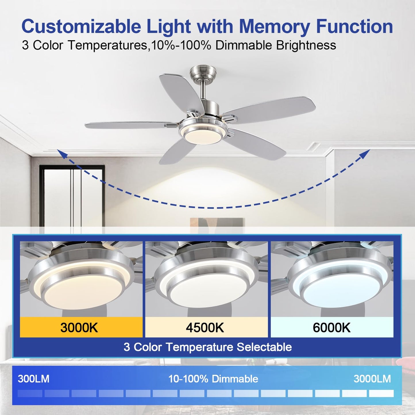 Ceiling Fan with Light and Remote/APP Control,50" Modern Indoor Ceiling Fan with DC Reversible Motor, Quiet 6 Speeds Flush Mount Ceiling fan Light for Bedroom,Dinnig Room,Brushed Nickel