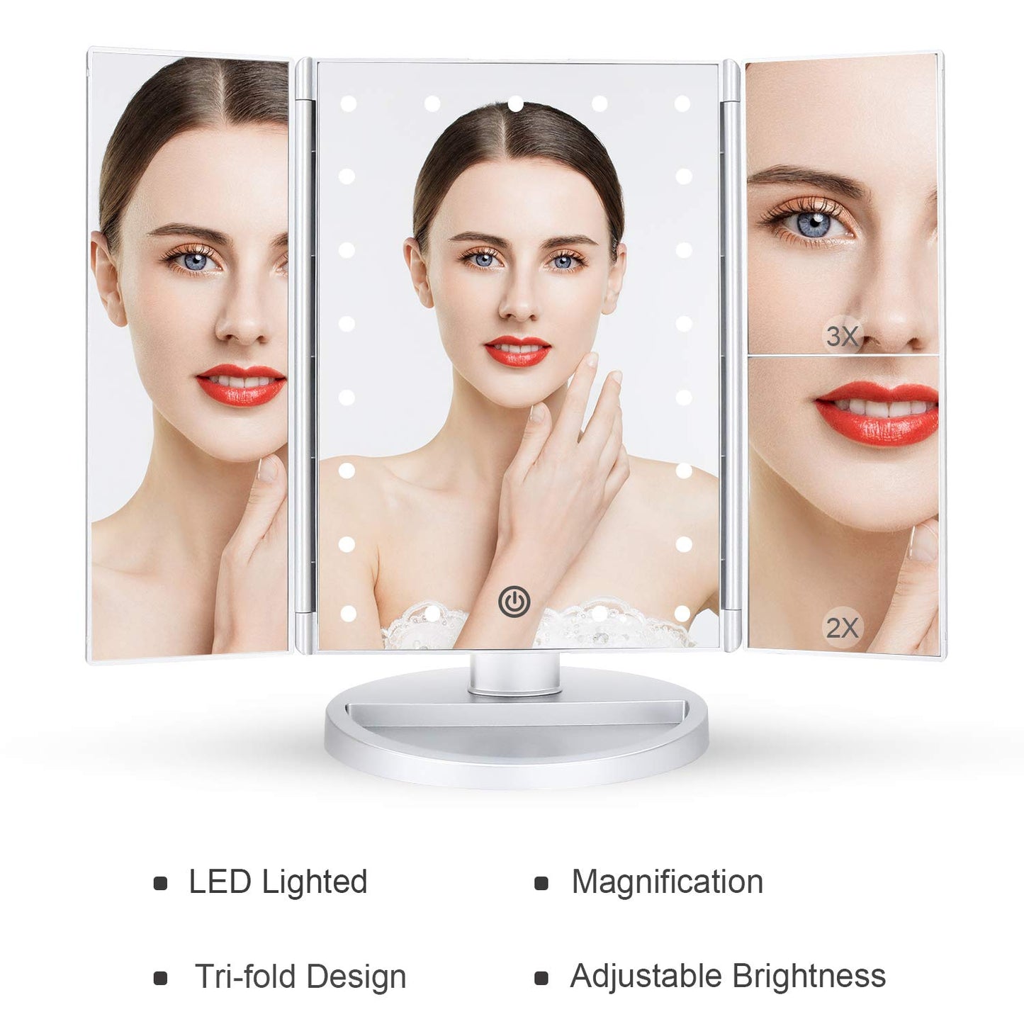deweisn Tri-Fold Lighted Vanity Tabletop Mount Mirror with 21 LED Lights, Touch Screen and 3X/2X/1X Magnification, Two Power Supply Modes Make Up Mirror,Travel Mirror 10.83" H x 6.3" W