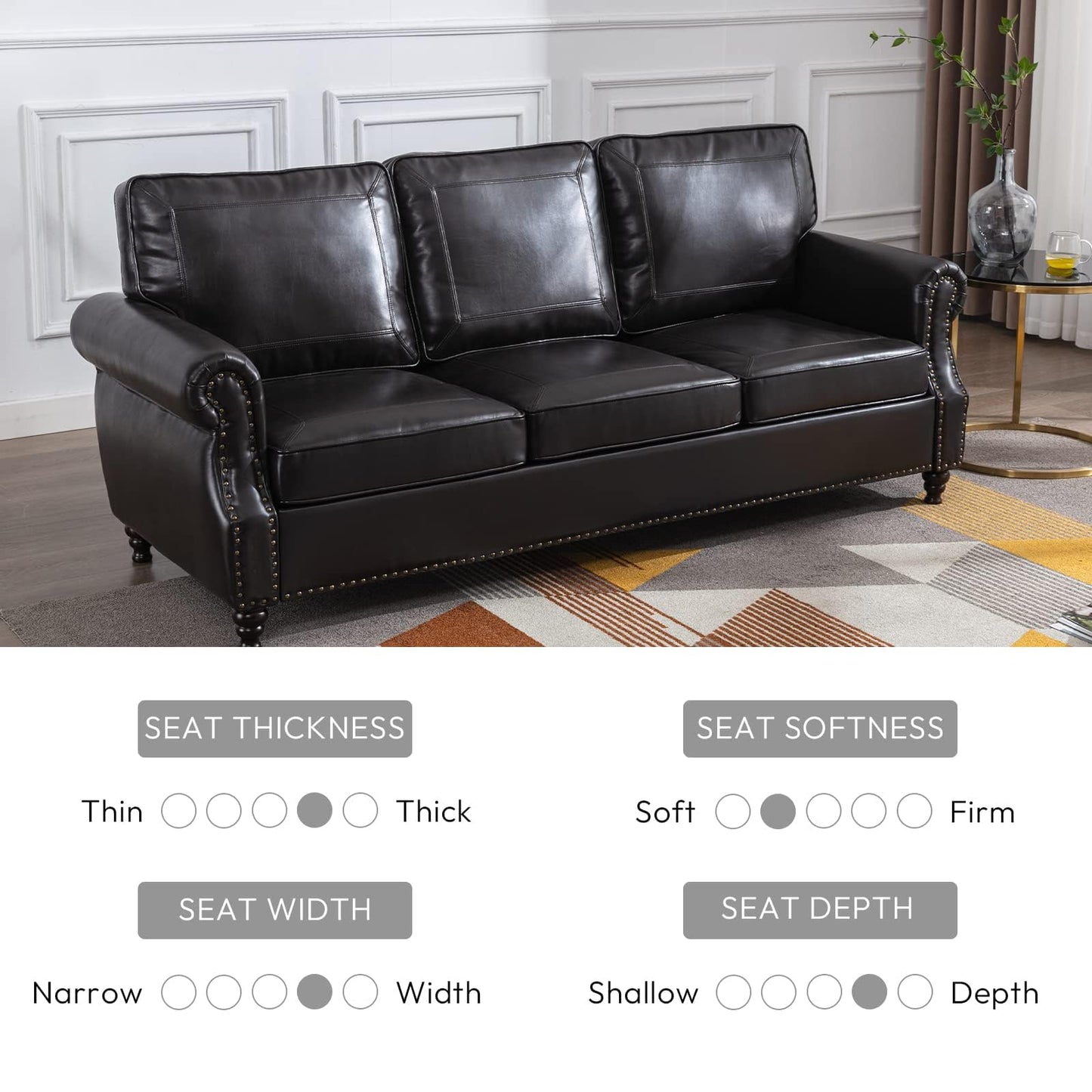 Dreamsir 79'' Traditional Faux Leather Sofa Couch with Nailhead Trim, Classic 3-Seater Couch with Rolled Arms for Living Room, Bedroom, Apartment, Easy Assembly (Charcoal)