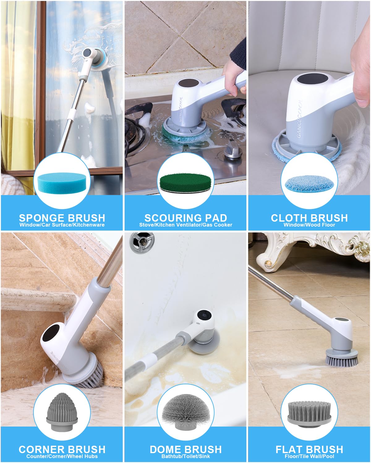 Electric Spin Scrubber, Cordless Shower Scrubber with 6 Replaceable Brush Heads, 2 Adjustable Speeds, and Adjustable Extension Handle, Spin Brush for Cleaning Bathroom Kitchen Floor Tile Tub (Grey)