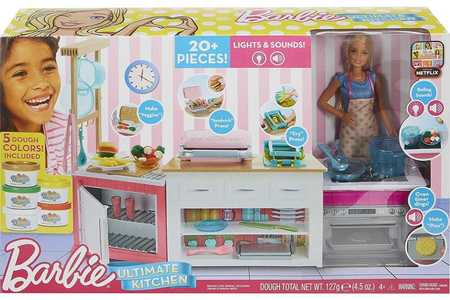Barbie Ultimate Kitchen Doll & Playset with Lights & Sounds, Food Molds, 5 Dough Colors & 20+ Accessories, Blonde Chef Doll (Amazon Exclusive)