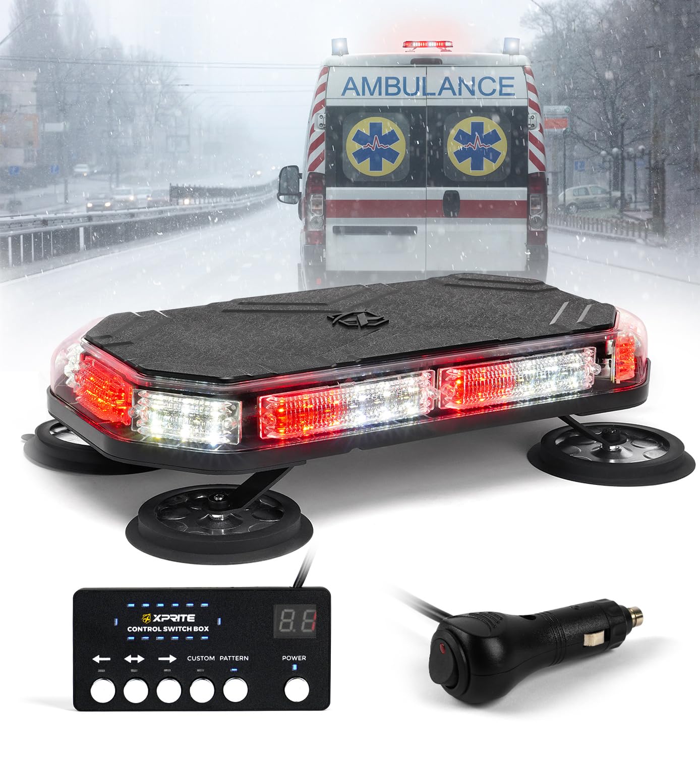 Xprite 42 LED Roof Top Strobe Light, High Visibility Emergency Hazard Warning Flashing Light Bar w/Control Panel for Firefighter POV Ambulance Vehicle Trucks - White Red