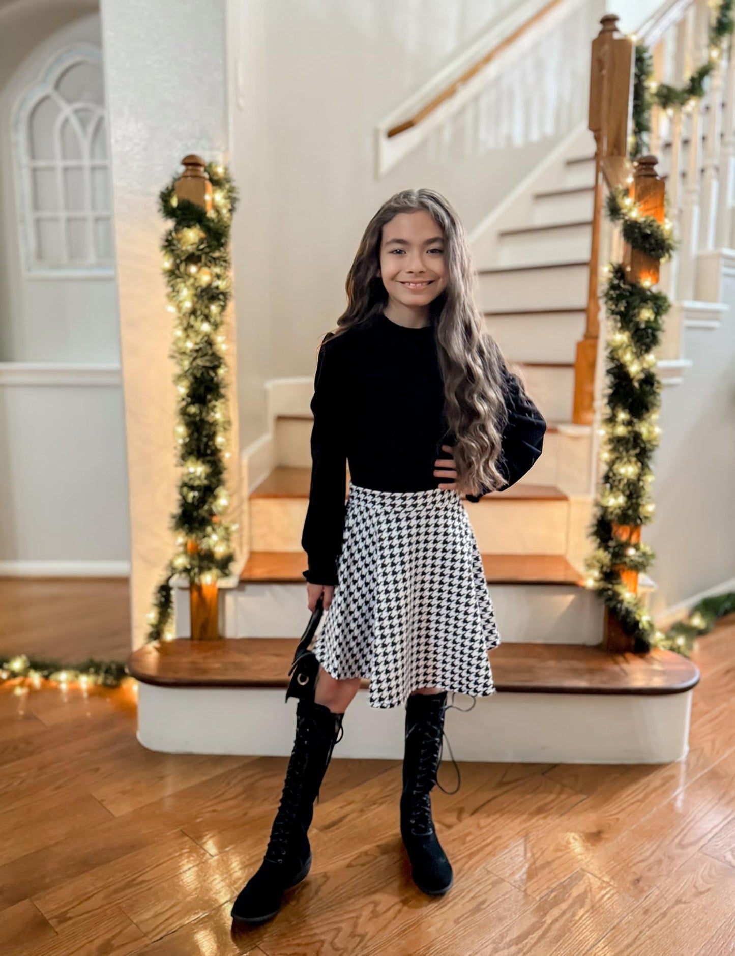 Arshiner Girls Houndstooth Sweater Tops And Skirt Set
