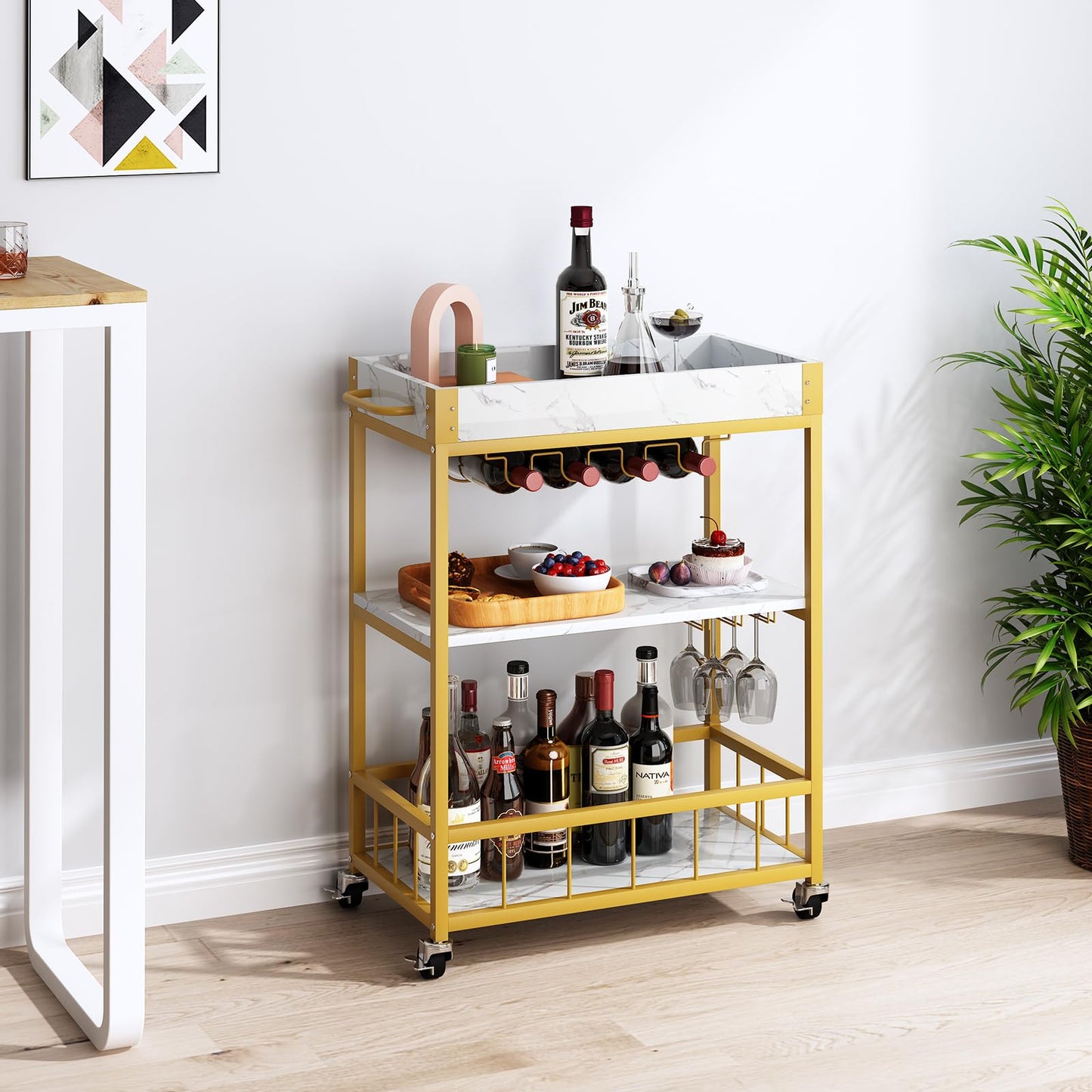 aboxoo Bar Cart White Marble 3 Tiers Removable Storage Tray with Wine Rack & Wine Glasses Holder,Rolling Beverage Mobile Bar Serving Cart with Handle Wood and Gold Steels Home Kitchen Shelf for Party