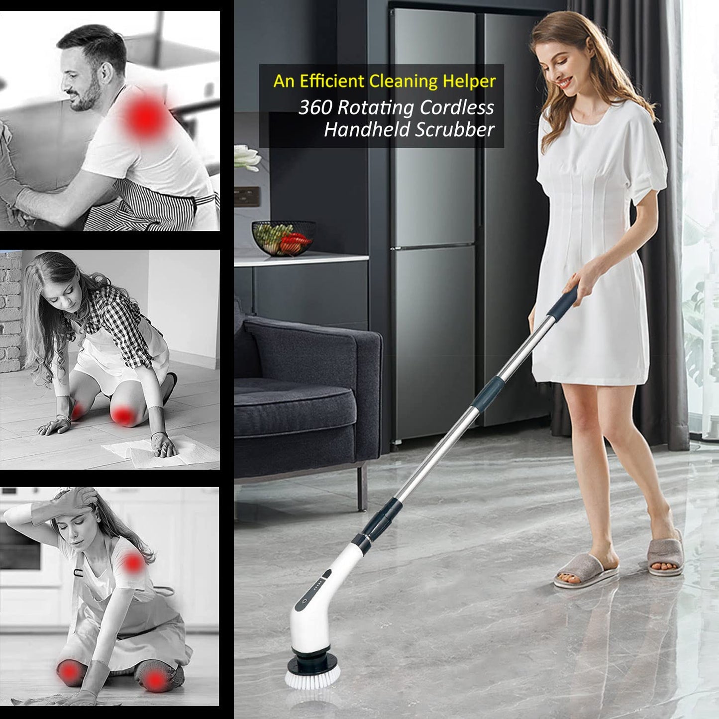 ZLPMARY Electric Spin Scrubber, Cordless Bath Tub Power Scrubber with 8 Replaceable Drill Brush Heads, Shower Cleaning Brush with Adjustable Handle for Bathroom, Tile Floor & Car, White, (ANS-8050)
