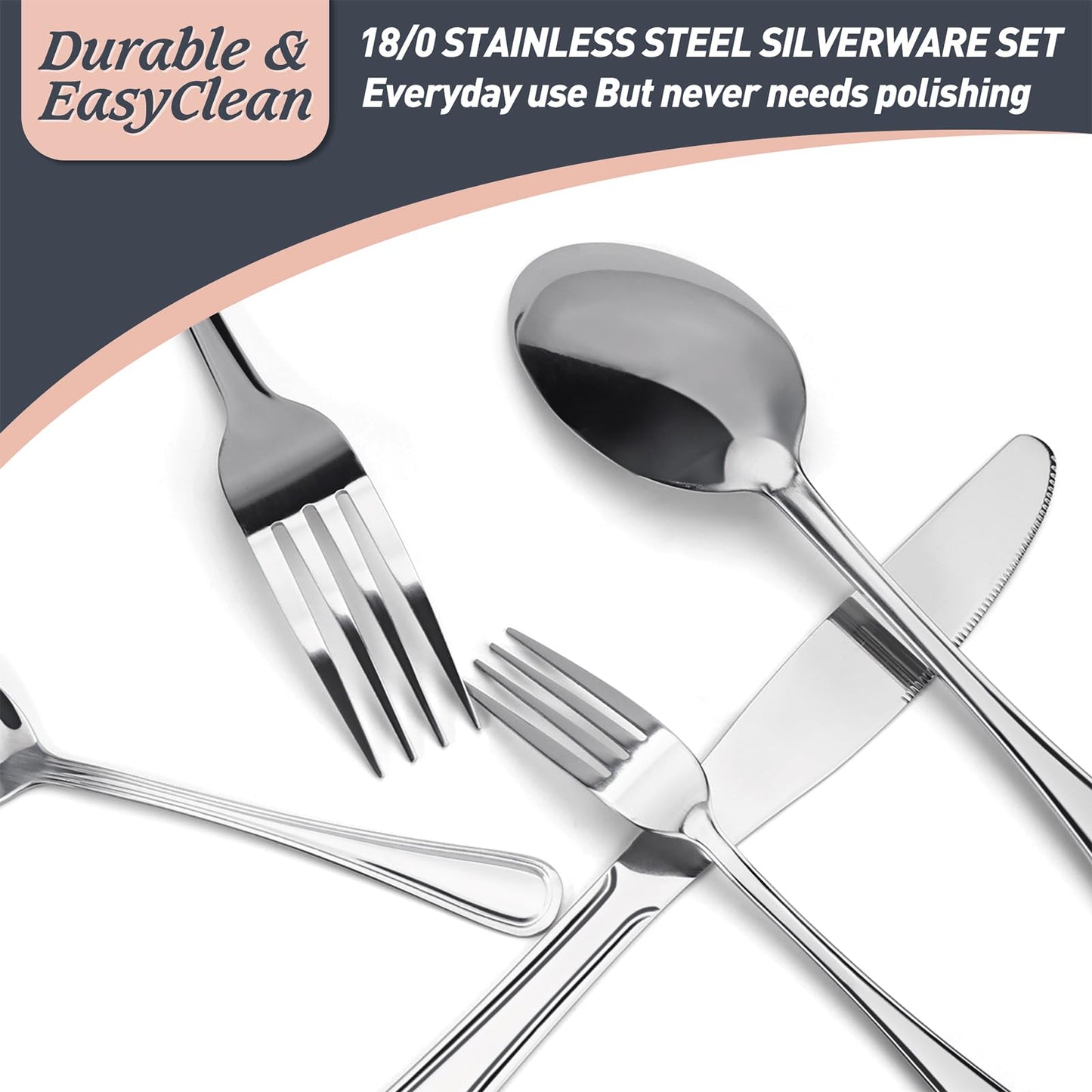 40-Piece Silverware Set for 8, Stainless Steel Flatware Cutlery Set For Home Kitchen Restaurant Hotel, Kitchen Utensils Set, Mirror Polished, Dishwasher Safe