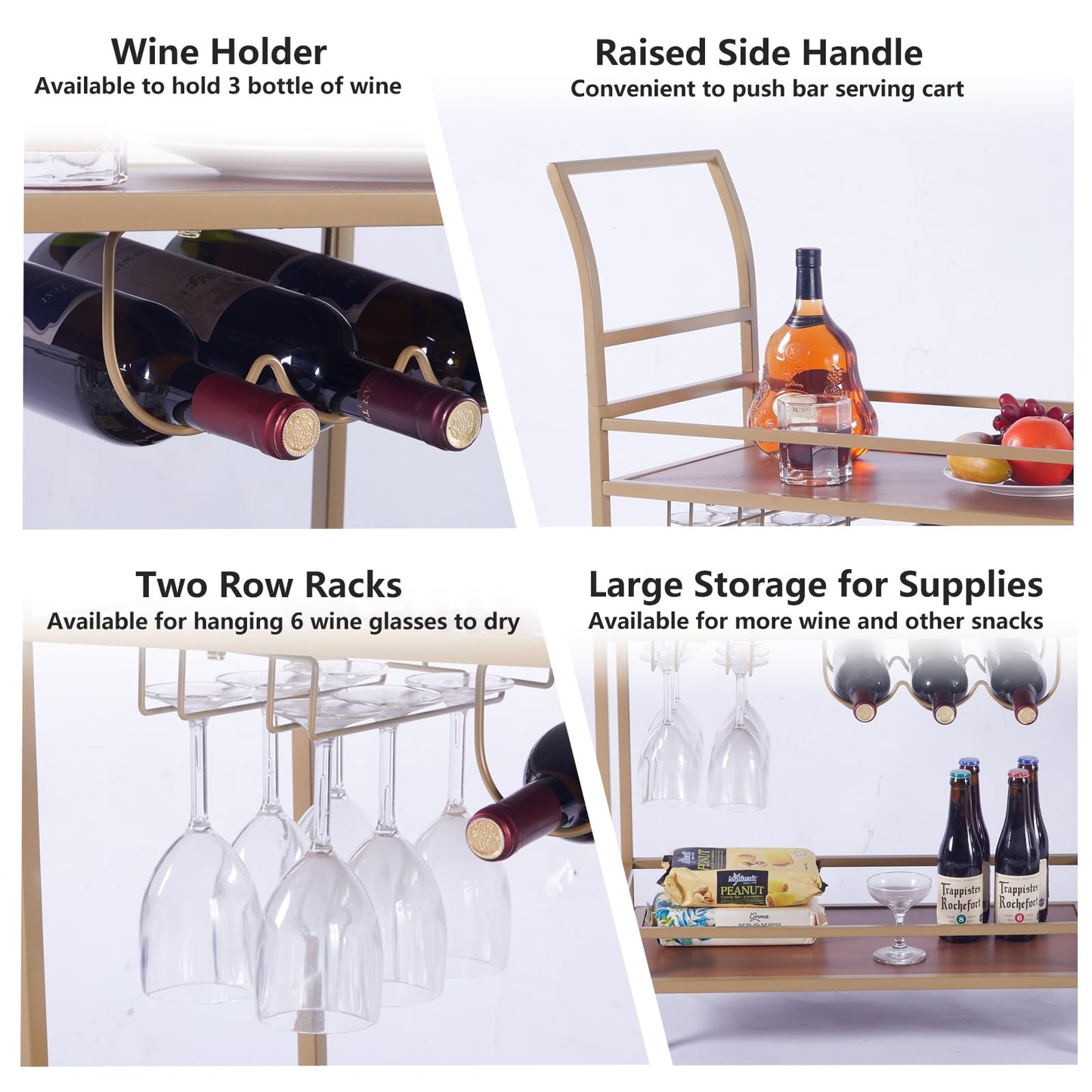 JBBCN Gold Bar Cart with Wheels, Home Bar Serving Cart with 2-Tier Wooden Shelves, Wine Racks, Glass Holders for Kitchen, Dining Room, and Party, Rolling Beverage Car