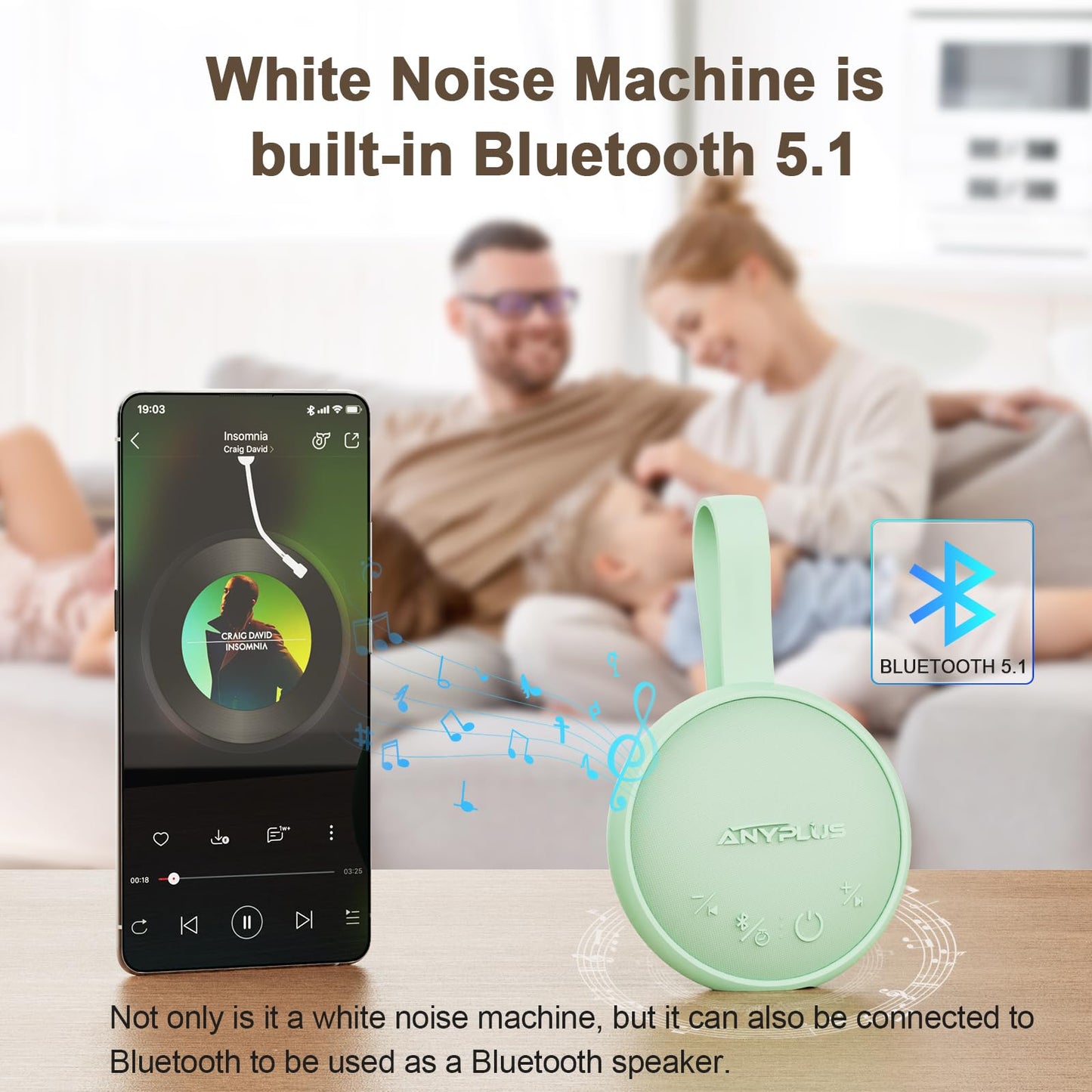 White Noise Sound Machine, Portable Sound Machine for Sleeping Adults & Baby, with Bluetooth 5.1/24 Soothing Sounds/Battery Powered/3 Timer Memory Function for Office/Bedroom/Travel(Green)