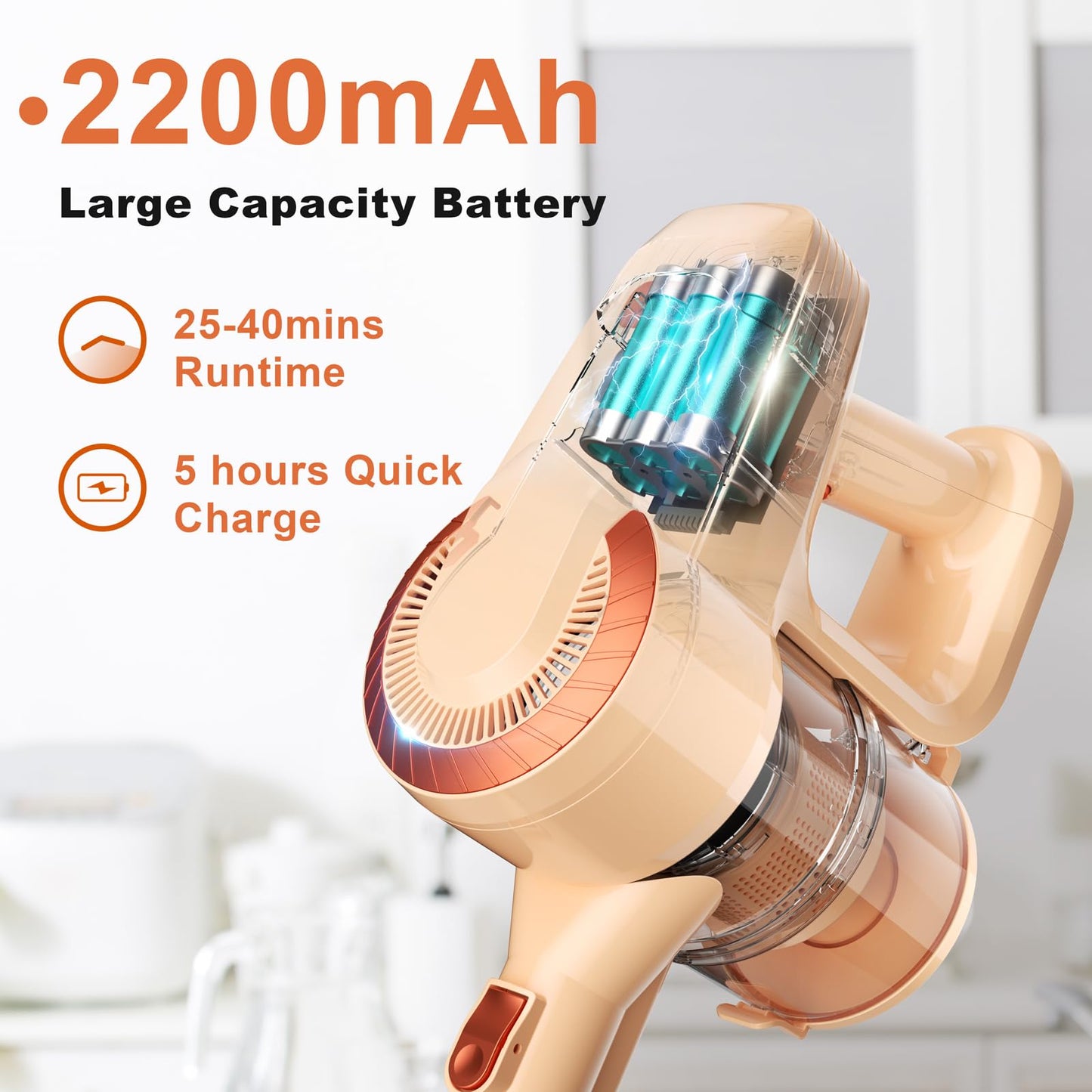 DEVOAC Cordless Vacuum Cleaner, Ultra-Lightweight Stick Vacuum, 2200mAh Battery Up to 40mins Runtime, 6 in 1 Powerful Handheld Vacuum for Home Hard Floor Carpet Pet Hair (Sunset)