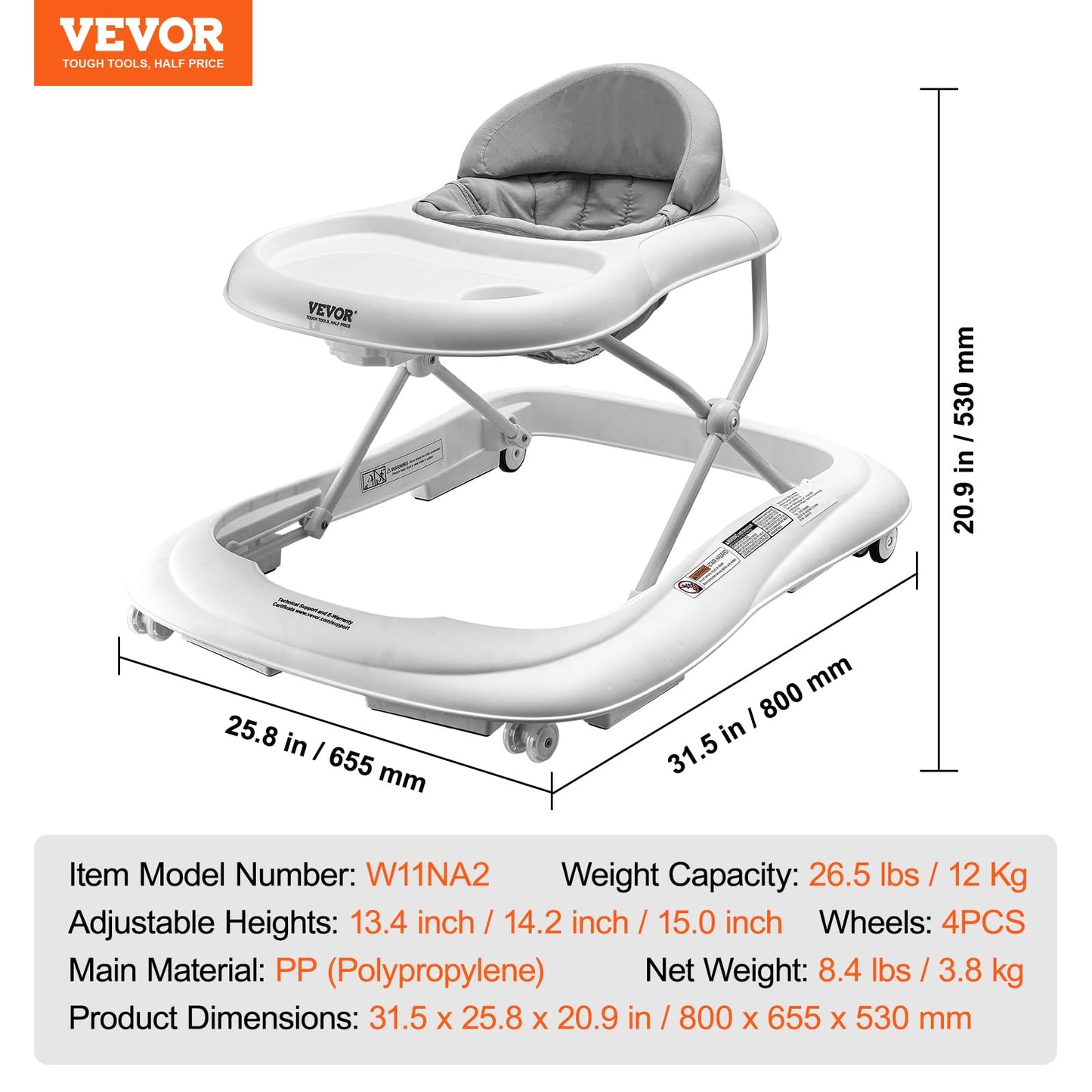 VEVOR Baby Walker, Foldable Baby Walkers with Large Feeding Tray, 3-Level Height Adjustable Toddler Infant Walker on Wheels, Anti-Rollover Activity Walker Helper for Boy Girl 6-12 Months