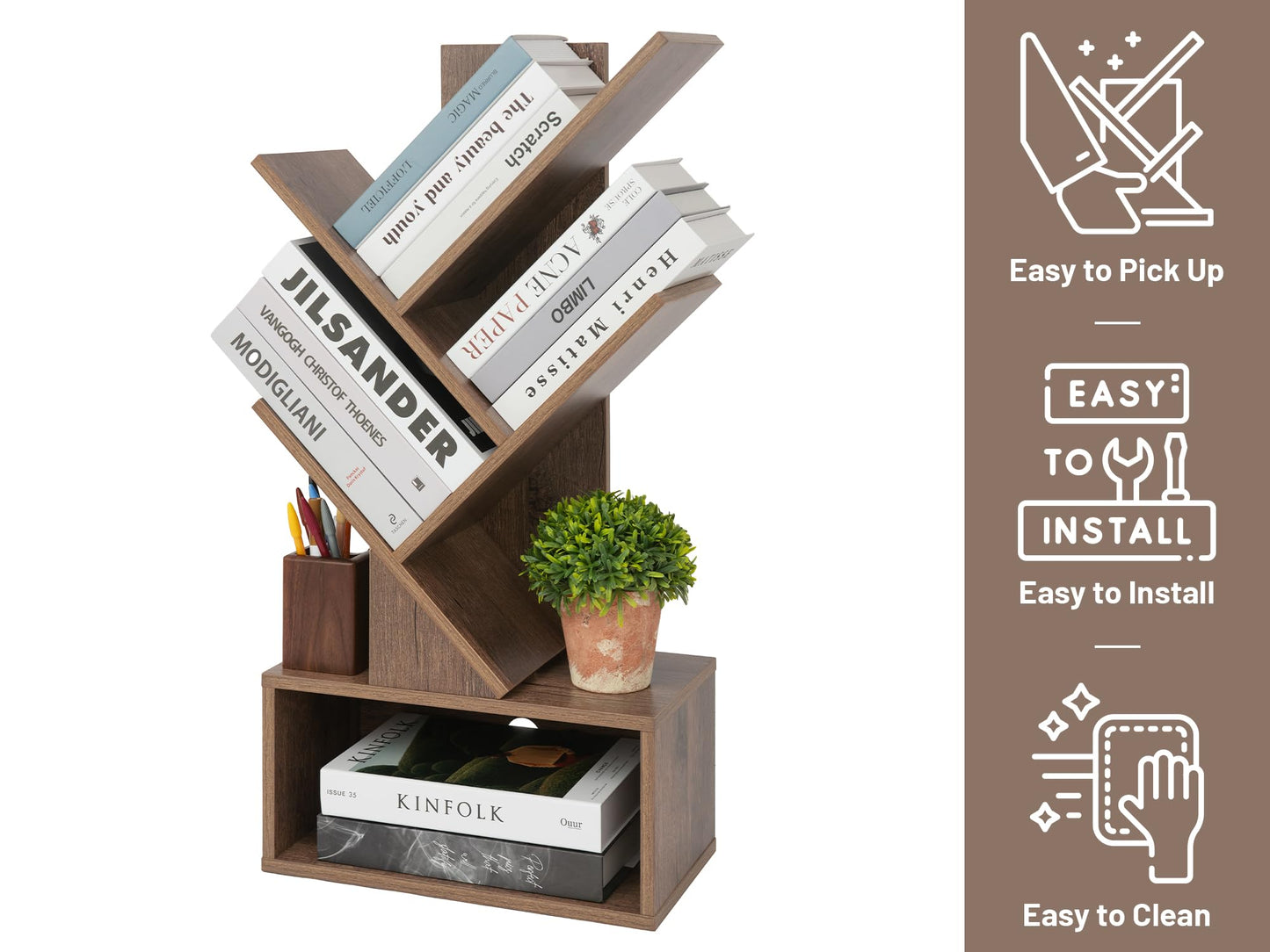Labcosi 3 Tier Tree Bookshelf, Small Bookshelf with Open Storage Space, Wood Shelf for Storing Books, Book Organizer Shelves for Home Office, Bedroom, Living Room