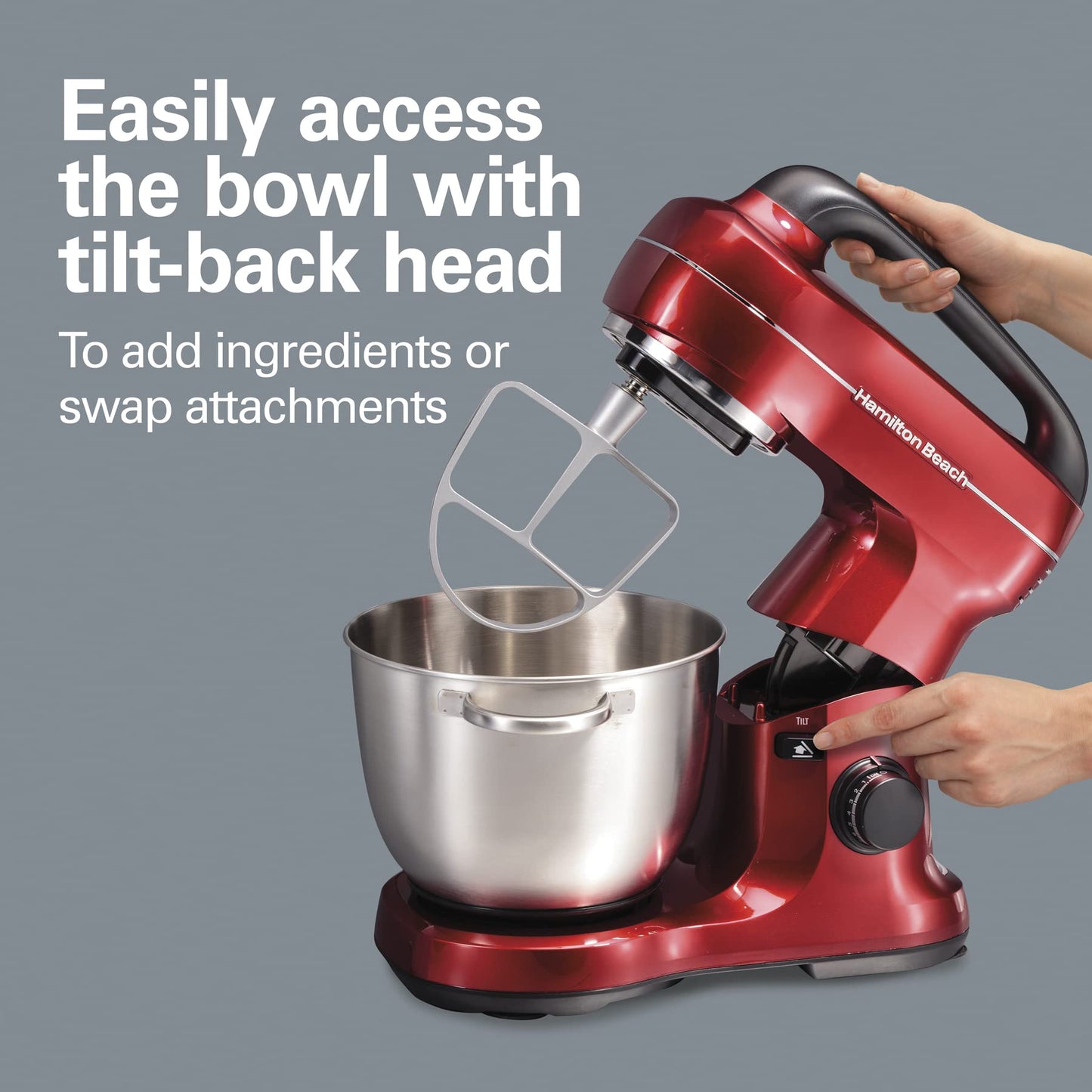 Hamilton Beach Electric Stand Mixer, 4 Quarts, Dough Hook, Flat Beater Attachments, Splash Guard 7 Speeds with Whisk, Red