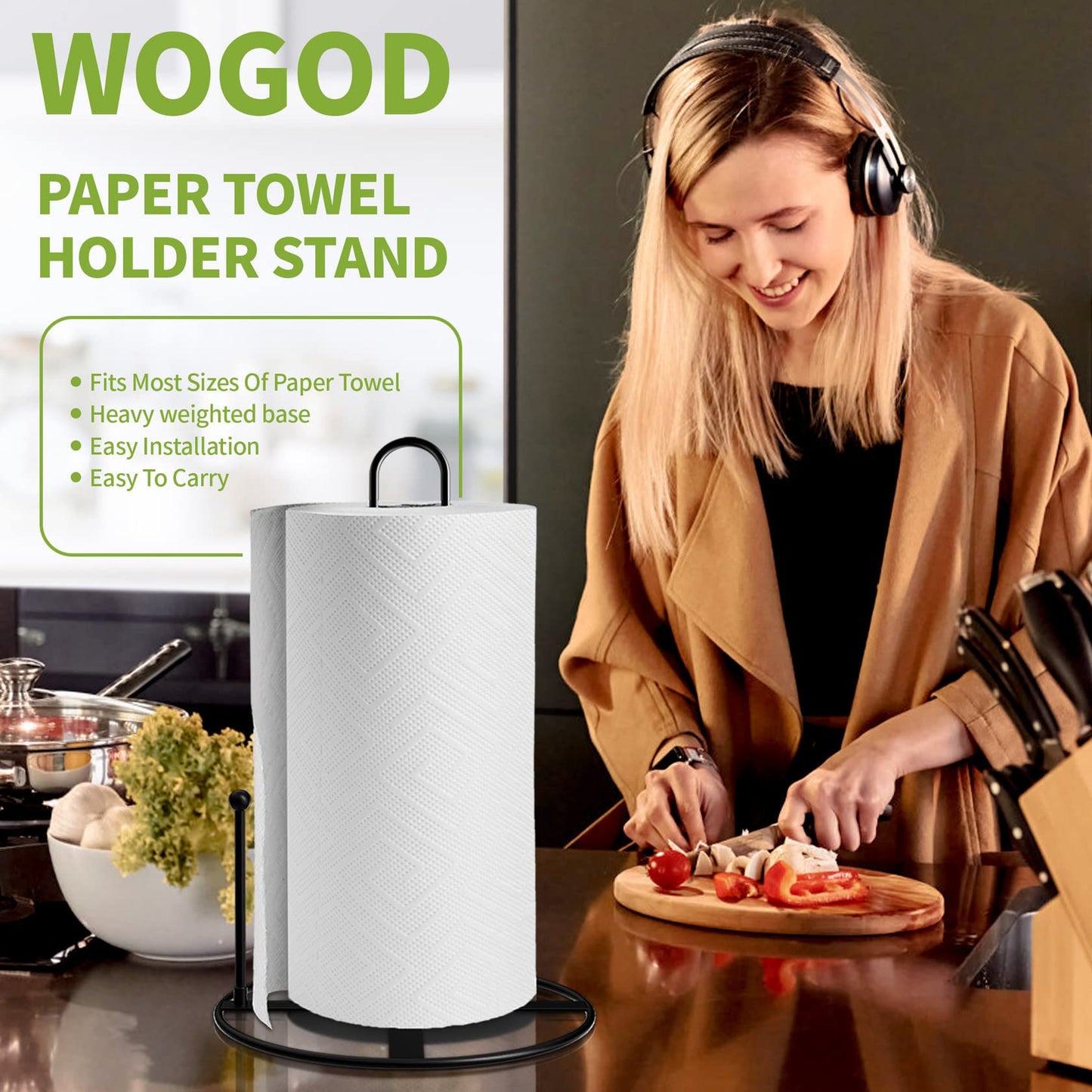 Paper Towel Holder Countertop, Black Paper Towel Holder - Kitchen Roll Holder for Standard and Large Size Rolls (Deep Black)