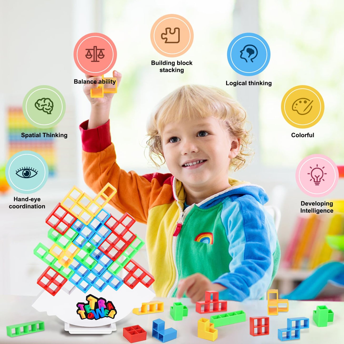 GrainBuds Tetra Tower Balance Stacking Game Team Tower Game for Kids & Adults Stack Attack Game Building Games Block Game (48pcs Color Box)