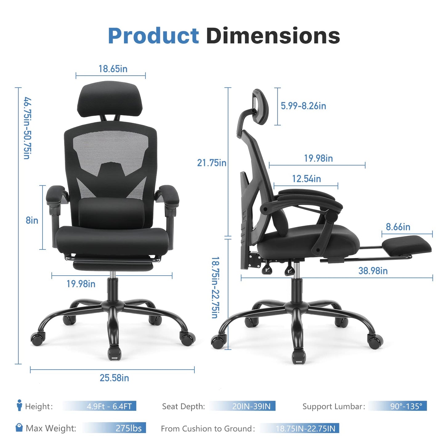 AFO Ergonomic Office Chair, High Back Office Chair with Lumbar Pillow & Retractable Footrest, Mesh Office Chair with Padded Armrests and Adjustable Headrest, Height Adjustable, Dark Black (WY-9053-BK)