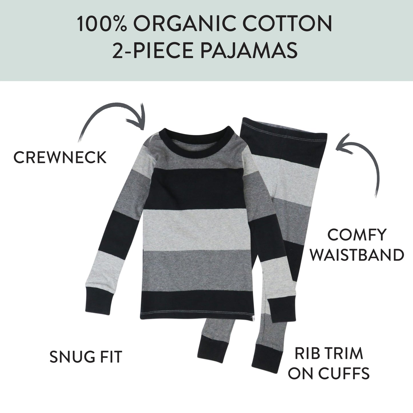 HonestBaby Celebration 2-Piece Pajamas Sleepwear PJs 100% Organic Cotton for Infant Baby and Toddler Boys & Girls, Unisex, Bold Stripe Gray Ombre, 7Y