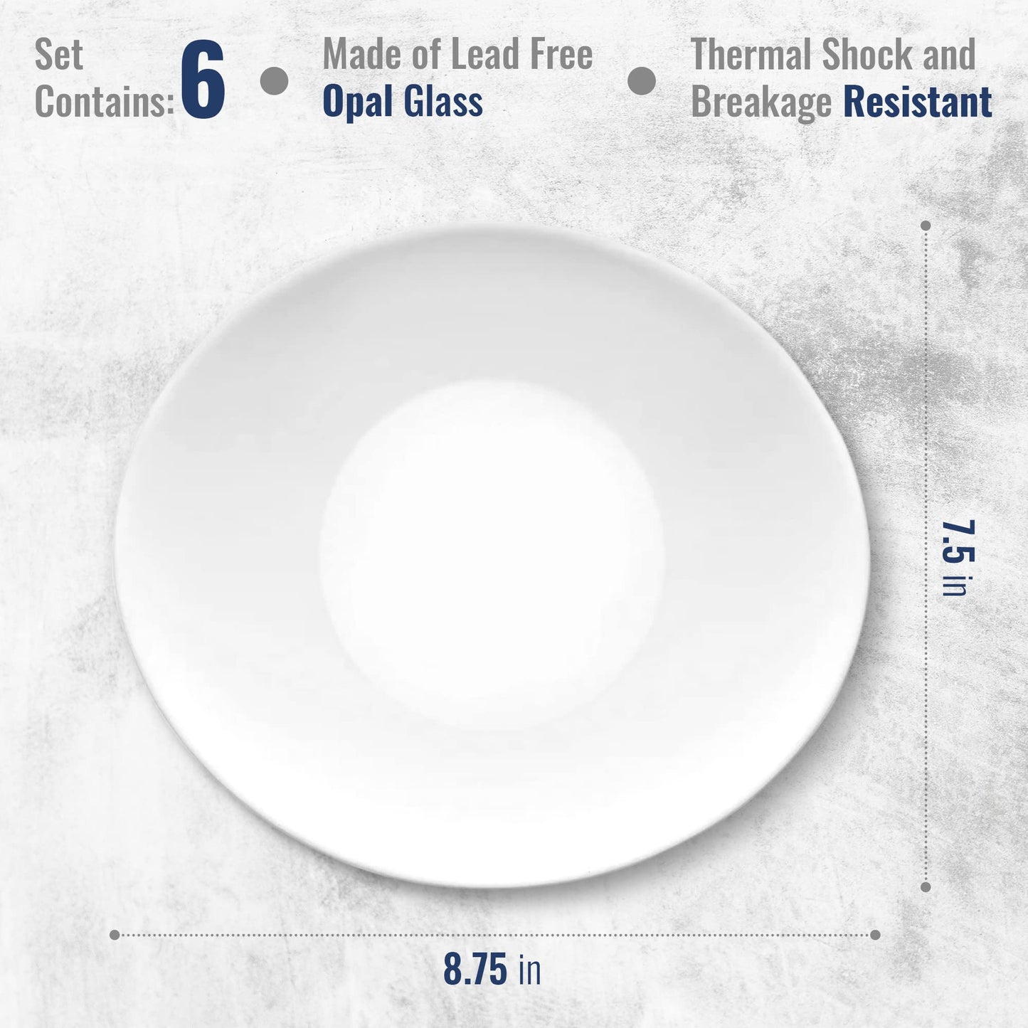 Bormioli Rocco Prometeo Set Of 6 Dessert Plates, 8.75" X 7.5" Tempered Opal Glass, Clean White, Curved Design With External Textures Dinnerware.