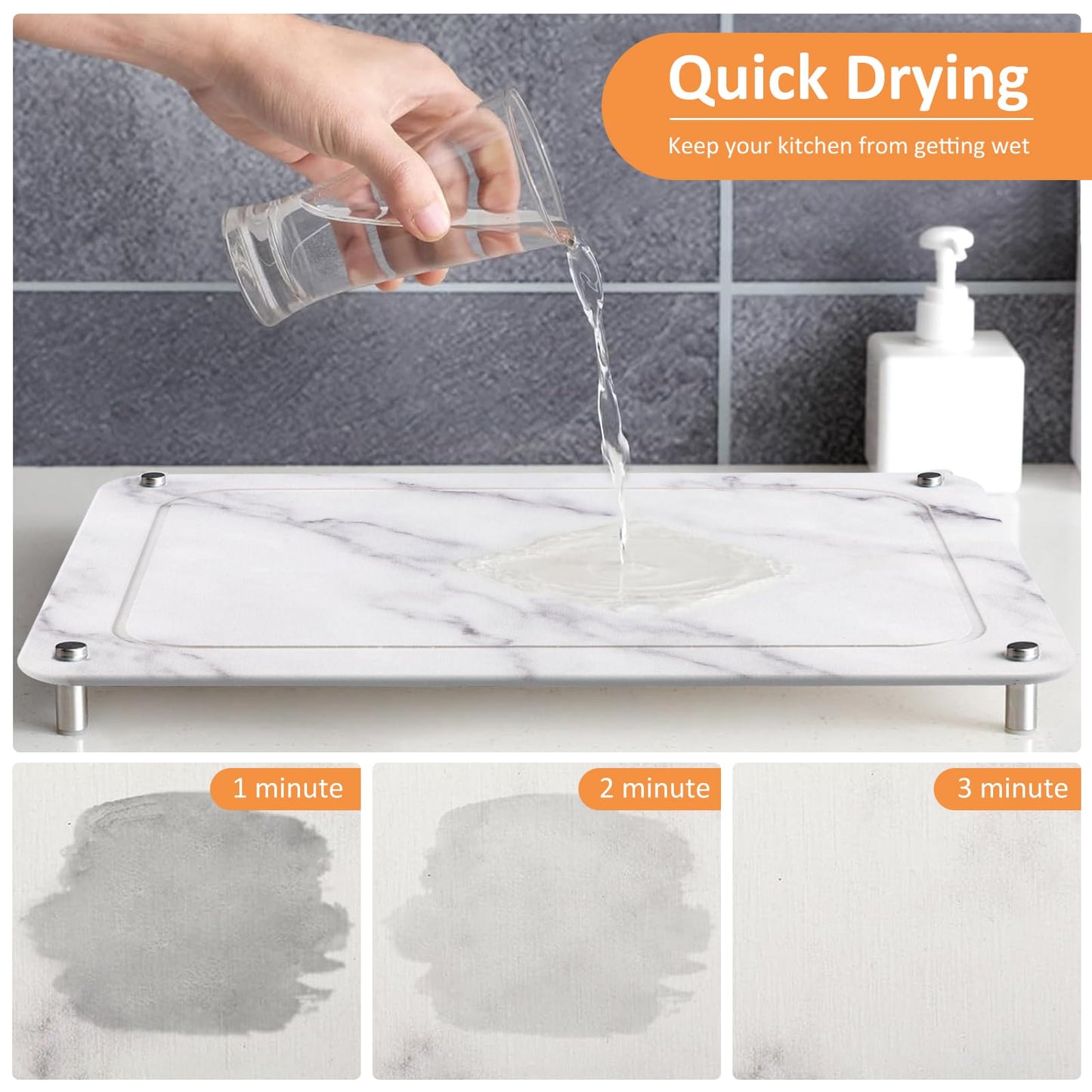 Upgrade Stone Dish Drying Mat with Grooves, Ultra Absorbent, Quick Dry, Heat Resistant, Diatomaceous Earth Sink Tray Drying Mat for Kitchen Counter, for Dishes, Pets Bowls, Plant Pots