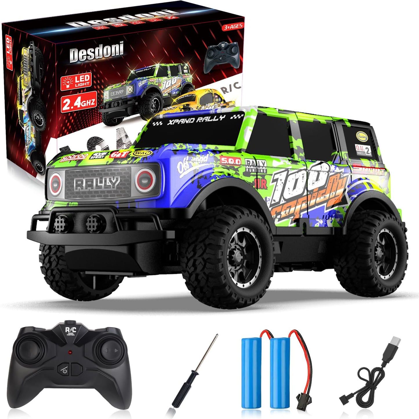 Desdoni Remote Control Car, Light Up RC Car Toys, 2.4GHz 1:24 Scale 15KM/H Off-Road with Cool LED Lights Racing Rechargeable Toy Car for Christmas Birthday Kids Boys Girls for 4-7 8-12 Year Old