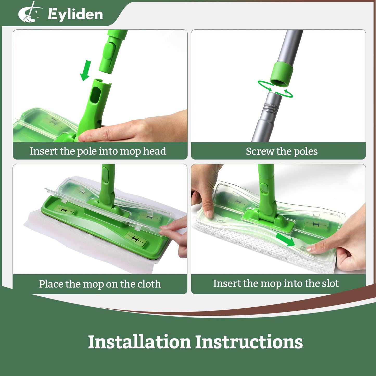 Eyliden Sweeper Mop - Lock Tight Design No Lost Pads - 36 Disposable Dry & Wet Cloths, Dust Mop Starter Kit for Pet Hair, Hardwood Floors, 360 Swivel, Universal Refills, Efficient Floor Cleaning