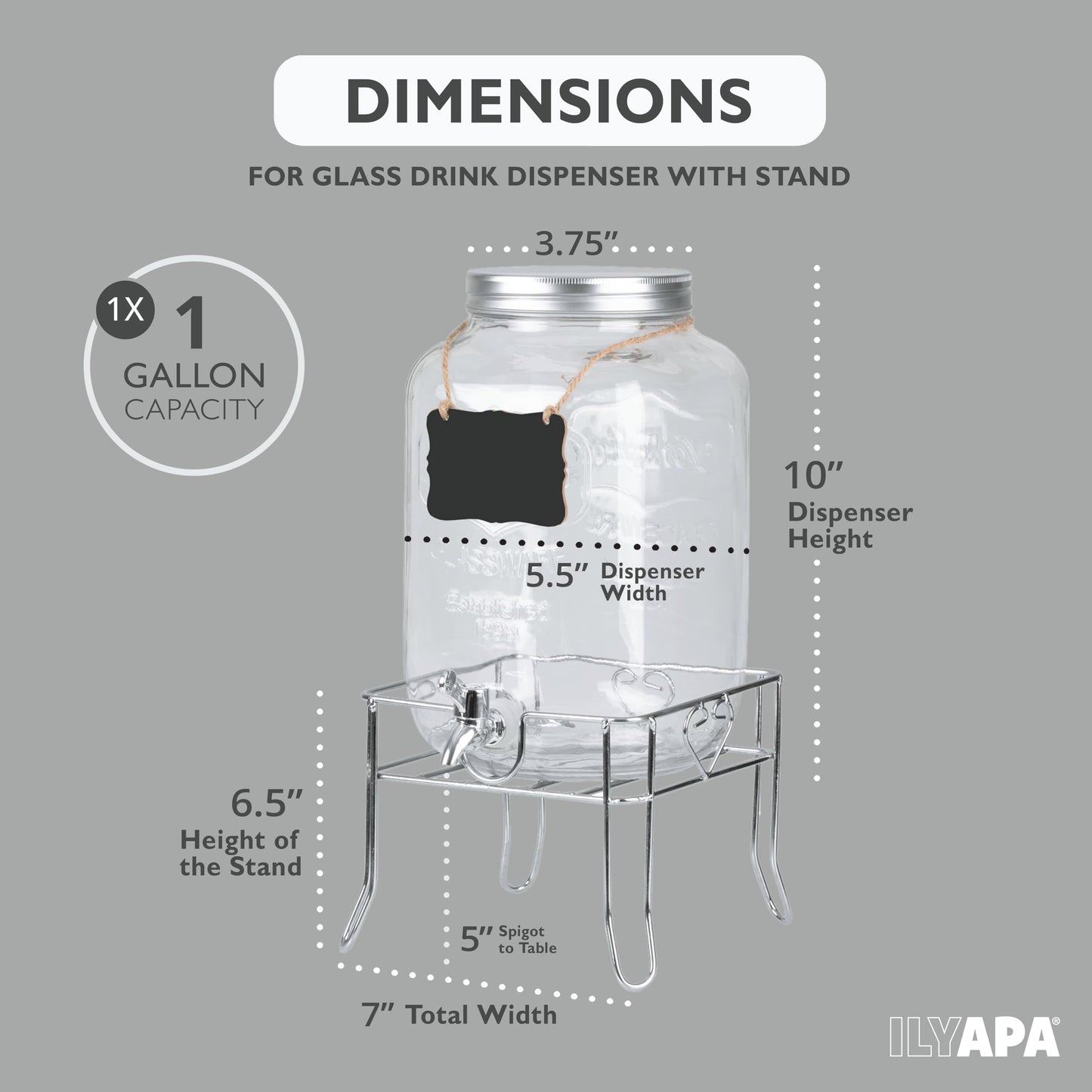 Ilyapa 1 Gallon Glass Beverage Dispenser with Stand