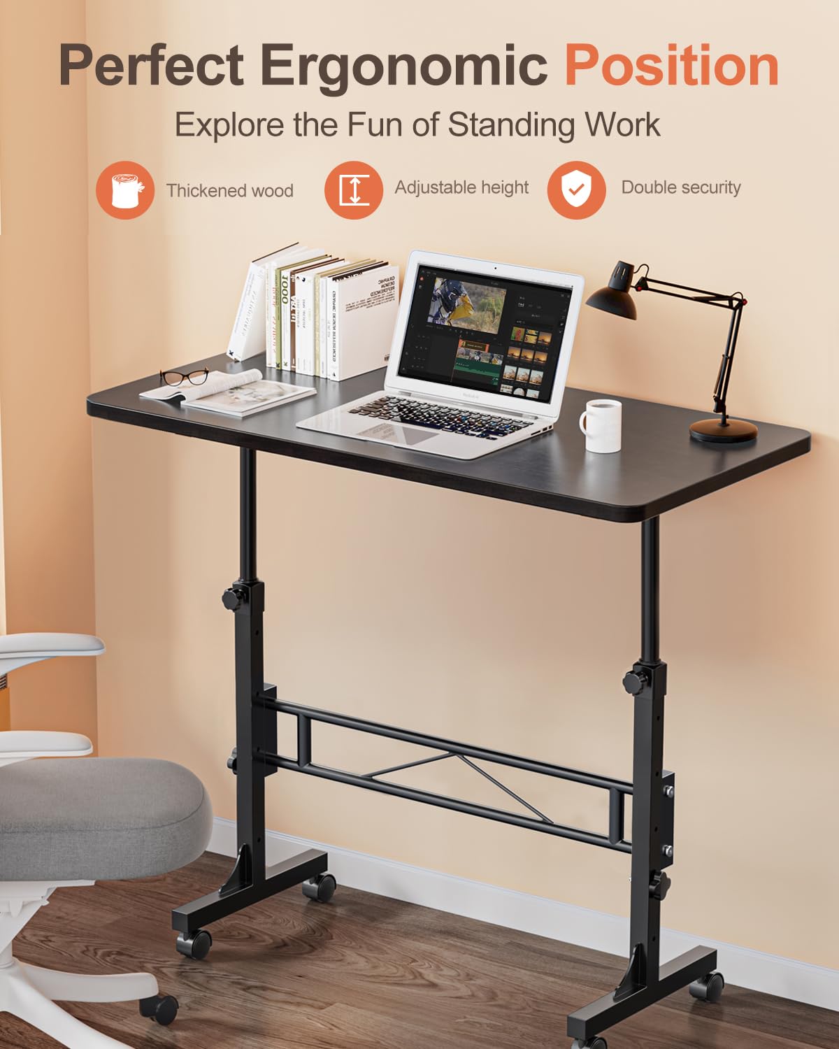 Small Standing Desk Adjustable Height, Mobile Stand Up Desk with Wheels, 32 Inch Portable Rolling Desk Small Computer Desk, Portable Laptop Desk Standing Table Black