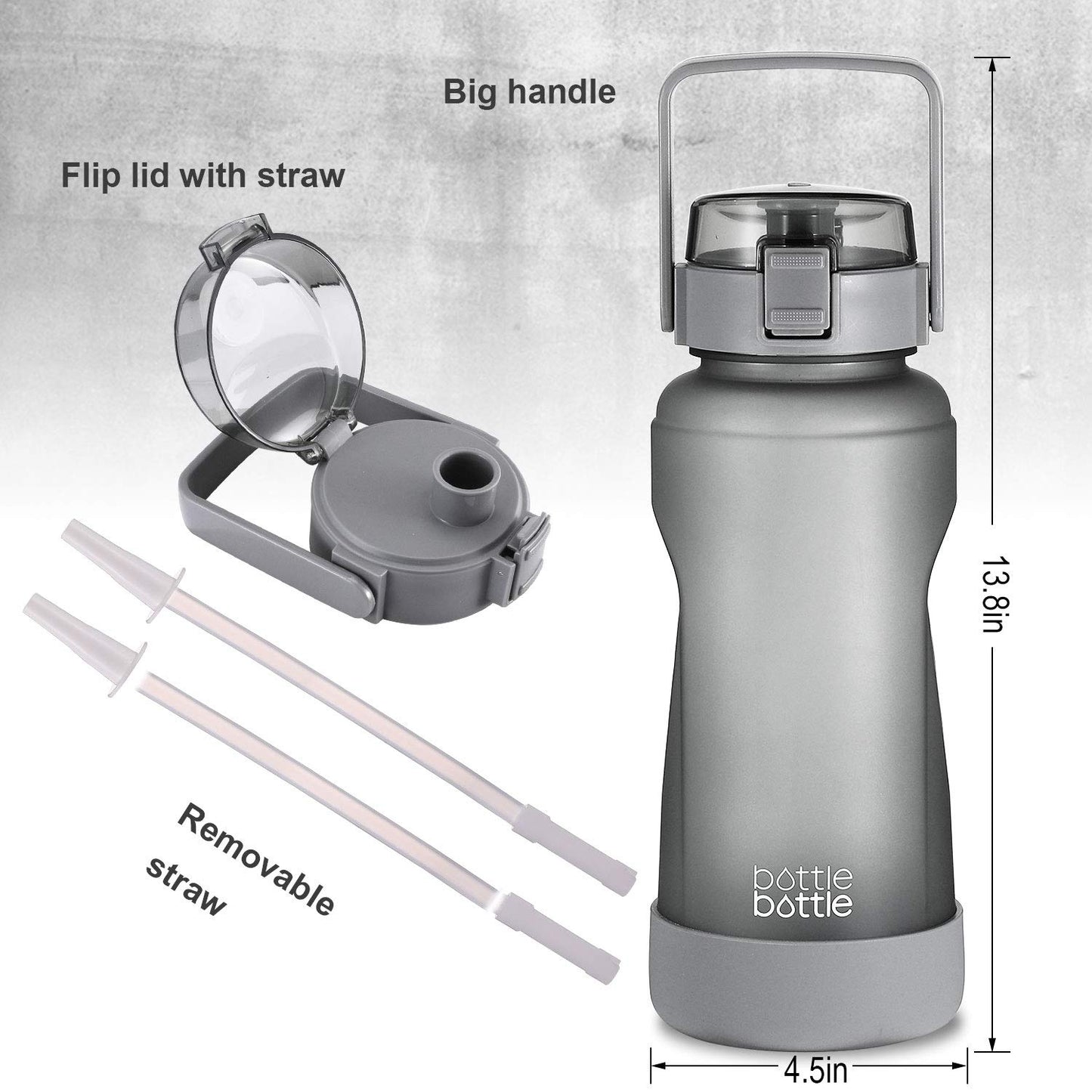 BOTTLE BOTTLE 64 OZ Gallon Motivational Water Bottle with Time Marker Straw & Protective Silicone Boot Workout Water Bottle for Adults and Kids Camping Half Gallon Water Jug (Gray)