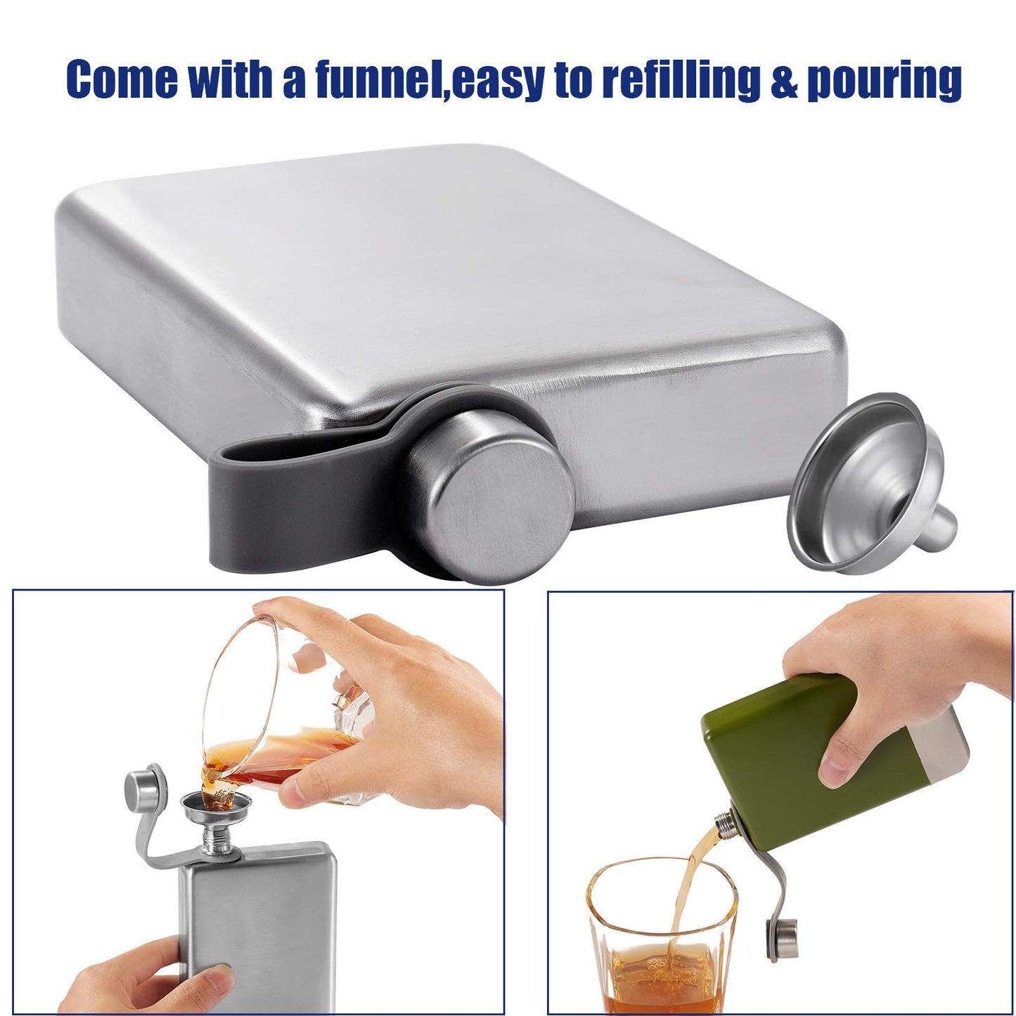 Hillside-Kit Hip Flask for Liquor 8 Oz Stainless Steel Leak proof with Funnel Flask set men flask women flask set (Silver Square)